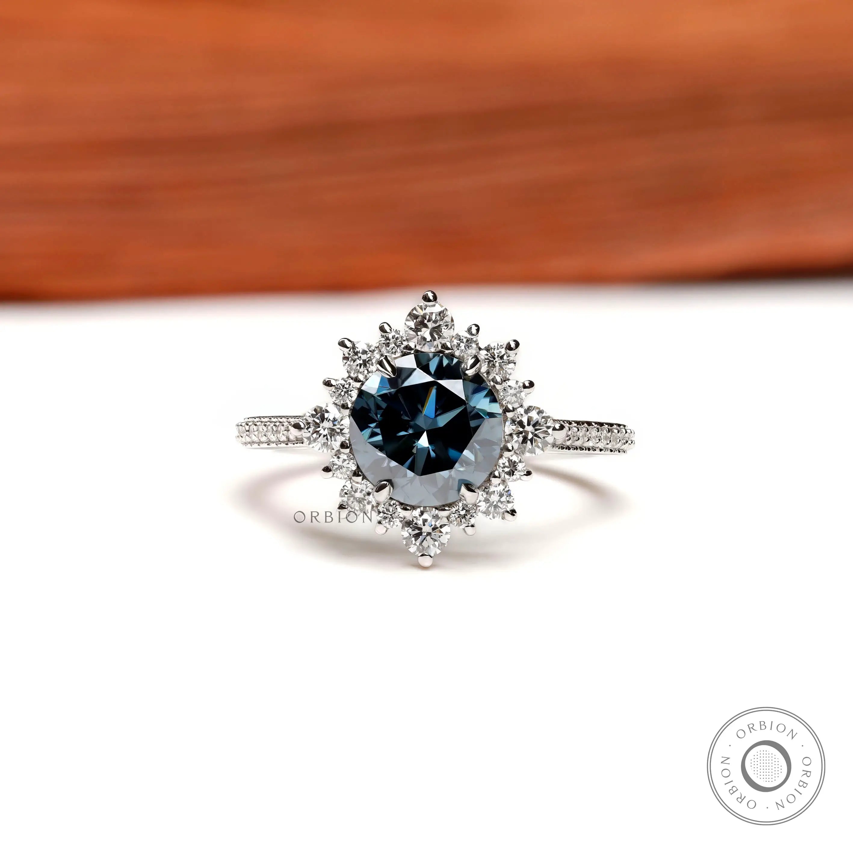 Dark grey moissanite halo engagement ring in 14k white gold