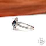 Pave shank grey moissanite halo engagement ring in white gold