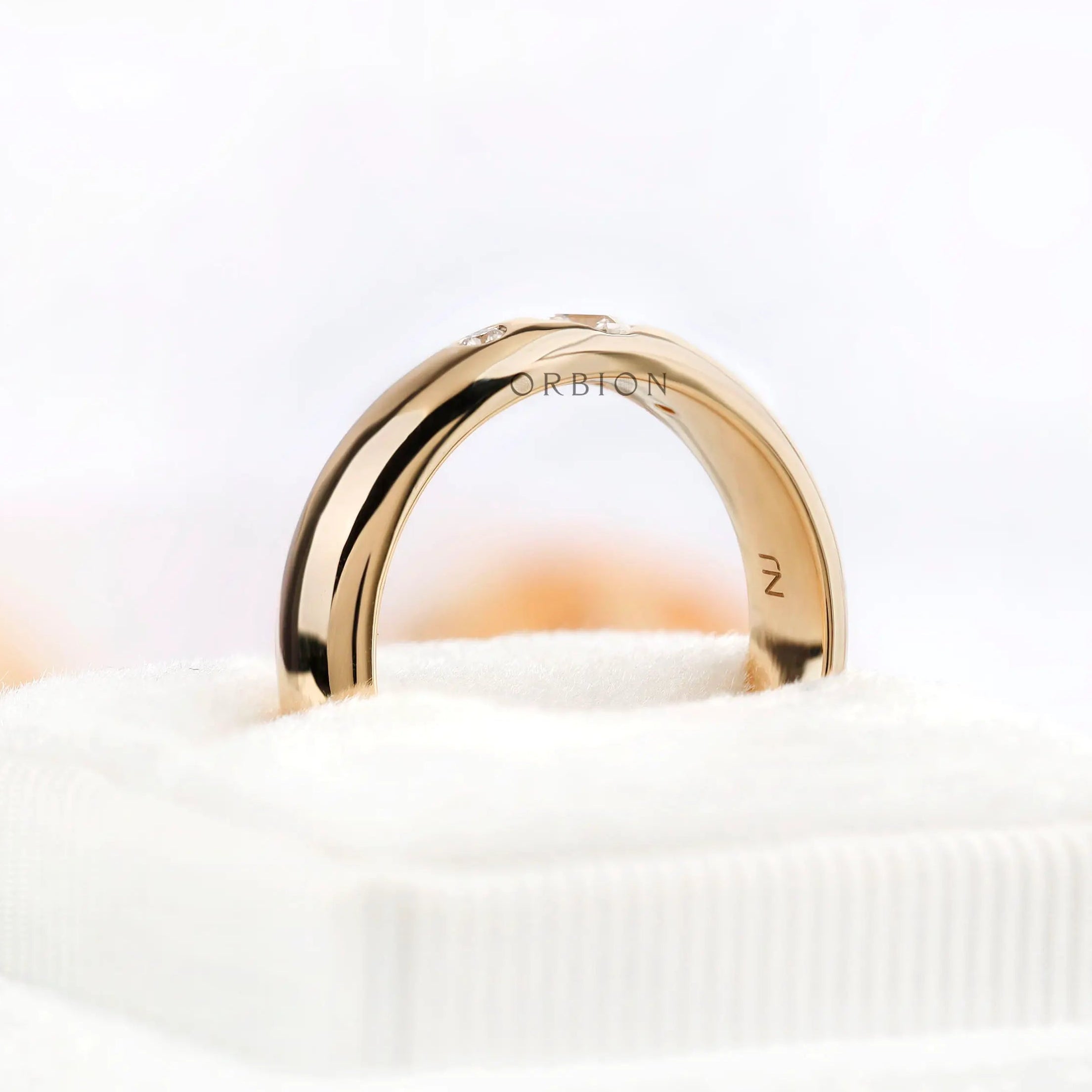 Interior and profile view of gypsy set Asscher cut moissanite band