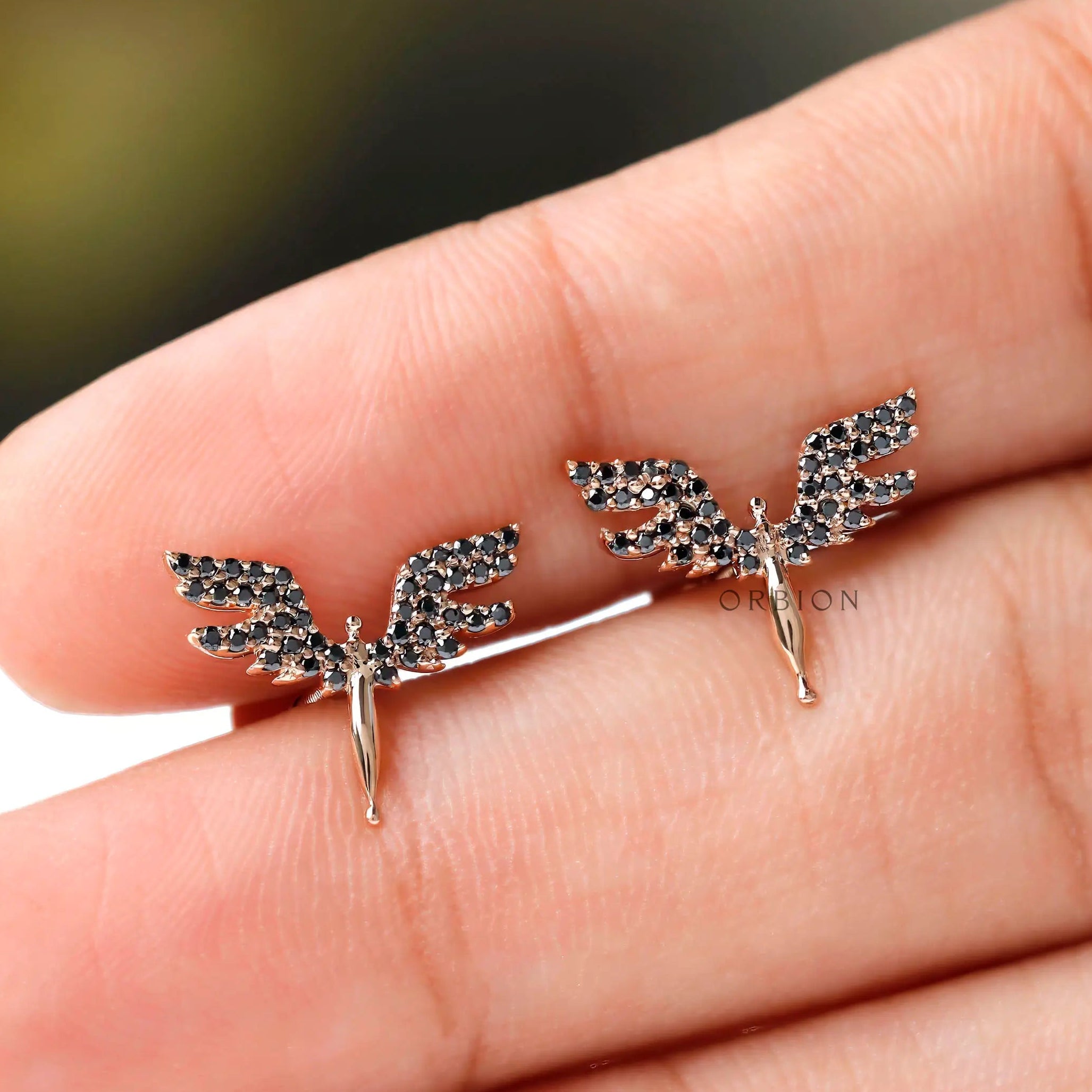 Valkyrie flying guardian angel stud earrings in 18K rose gold with black moissanite