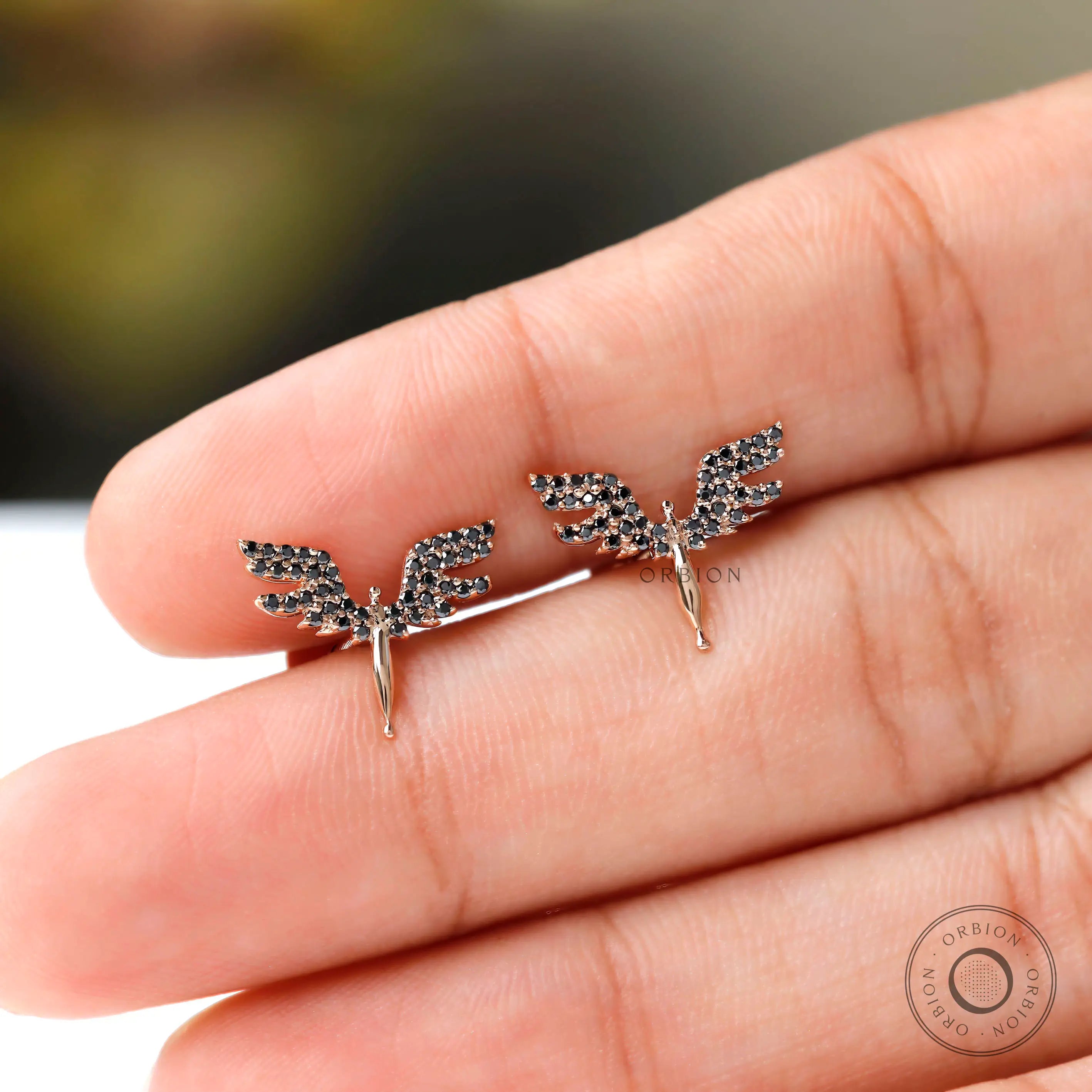 Valkyrie flying guardian angel stud earrings in 18K rose gold with black moissanite