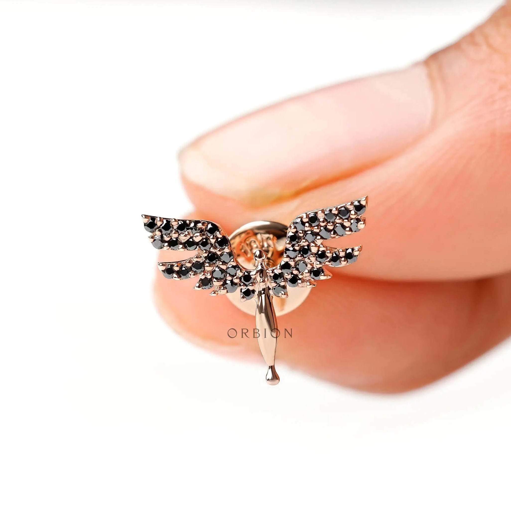 Symbolic angel stud earrings with black moissanite accent stones