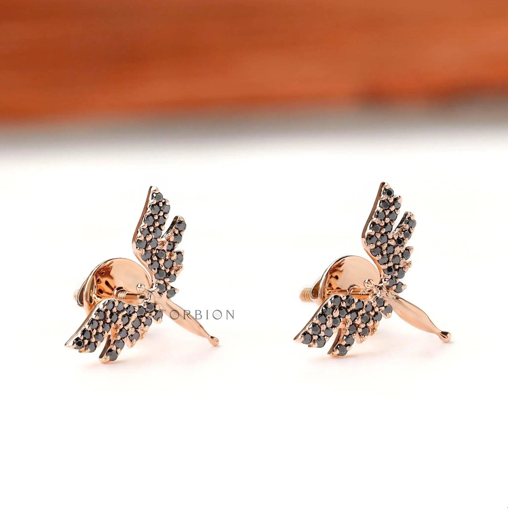 Guardian angel valkyrie stud earrings with black moissanite stones