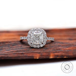Cushion cut lab grown diamond cluster halo ring in 18K white gold, front view