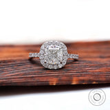 Cushion cut lab grown diamond cluster halo ring in 18K white gold, front view