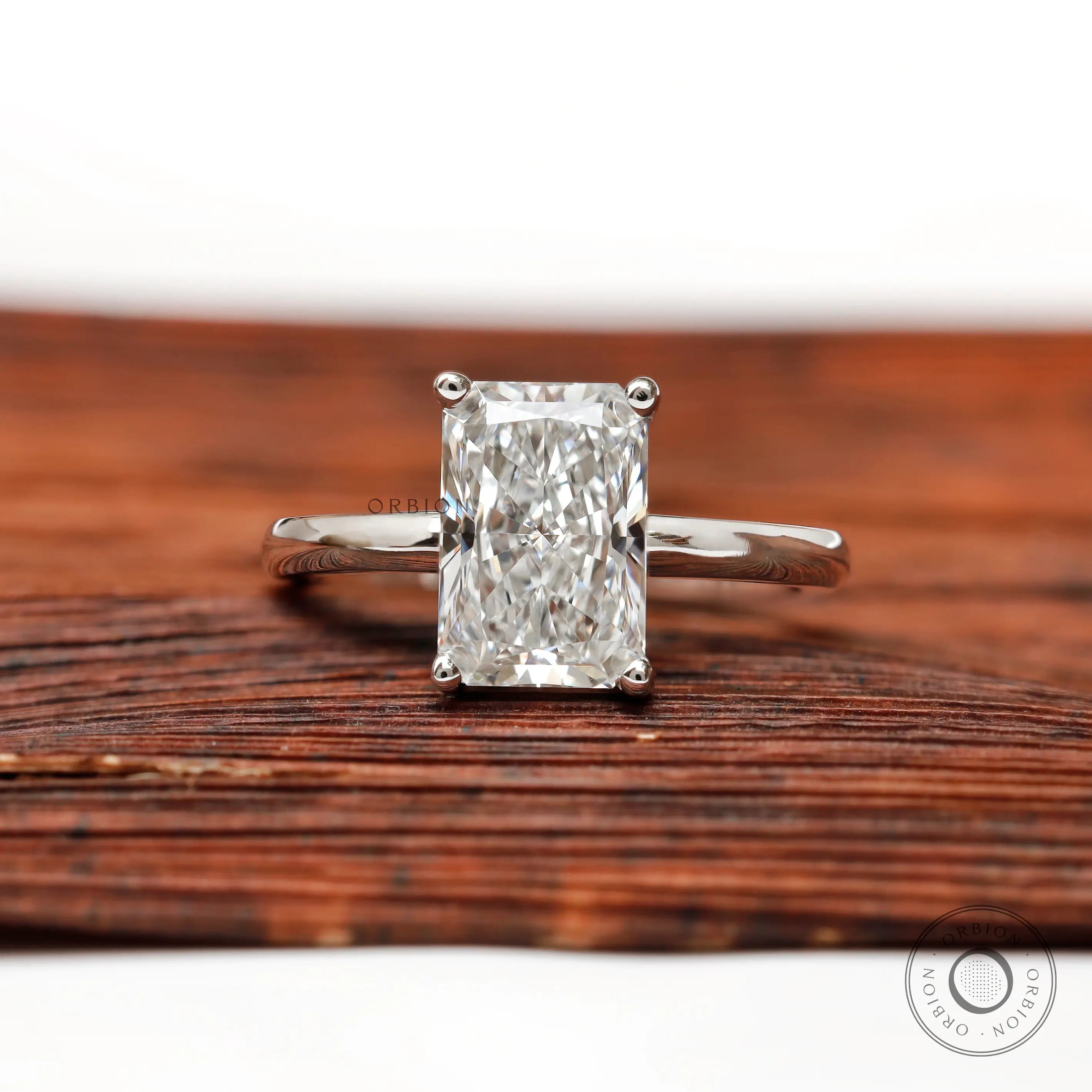 Radiant cut lab grown diamond solitaire ring in 14K white gold front view
