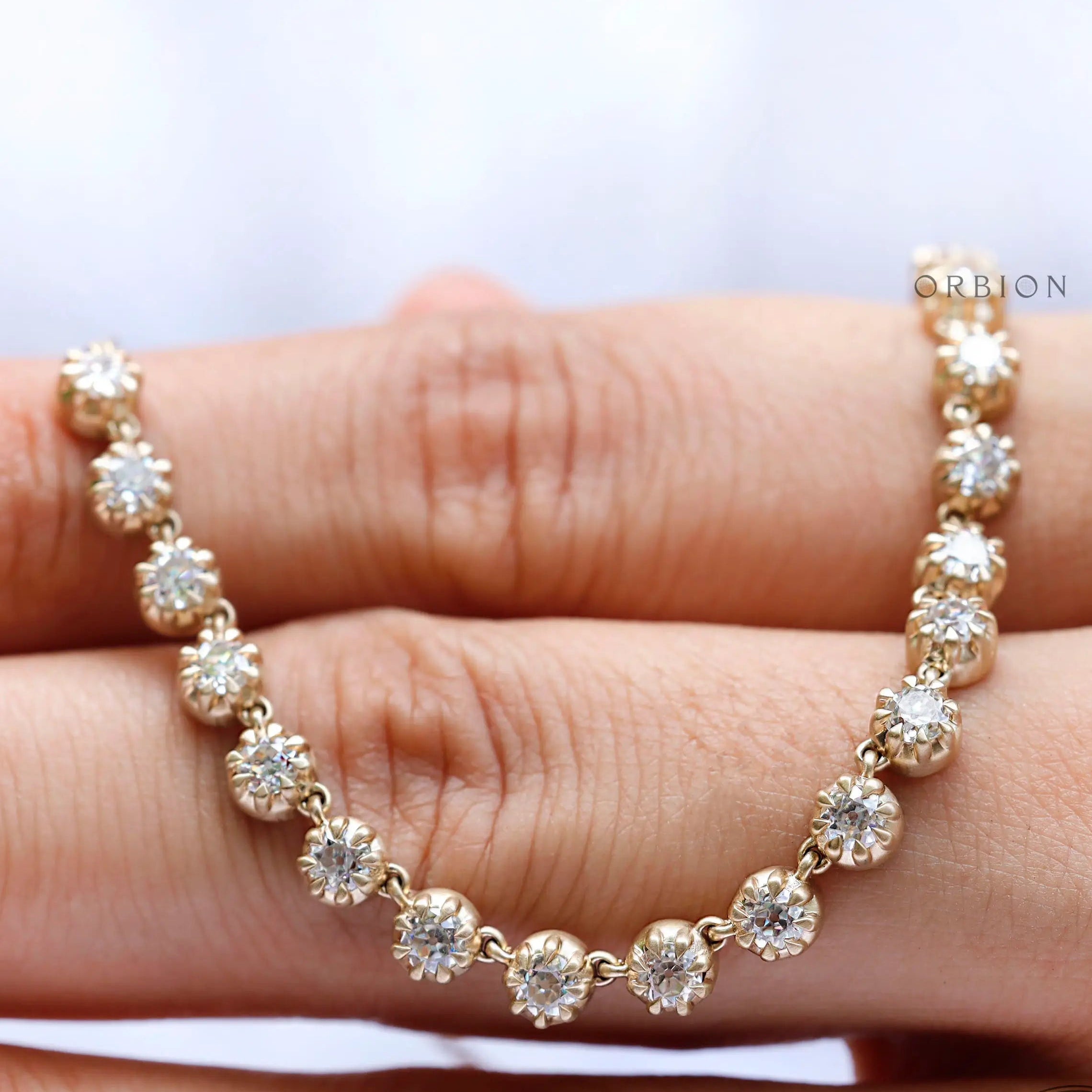 Georgian style floating diamond necklace matte yellow gold front view
