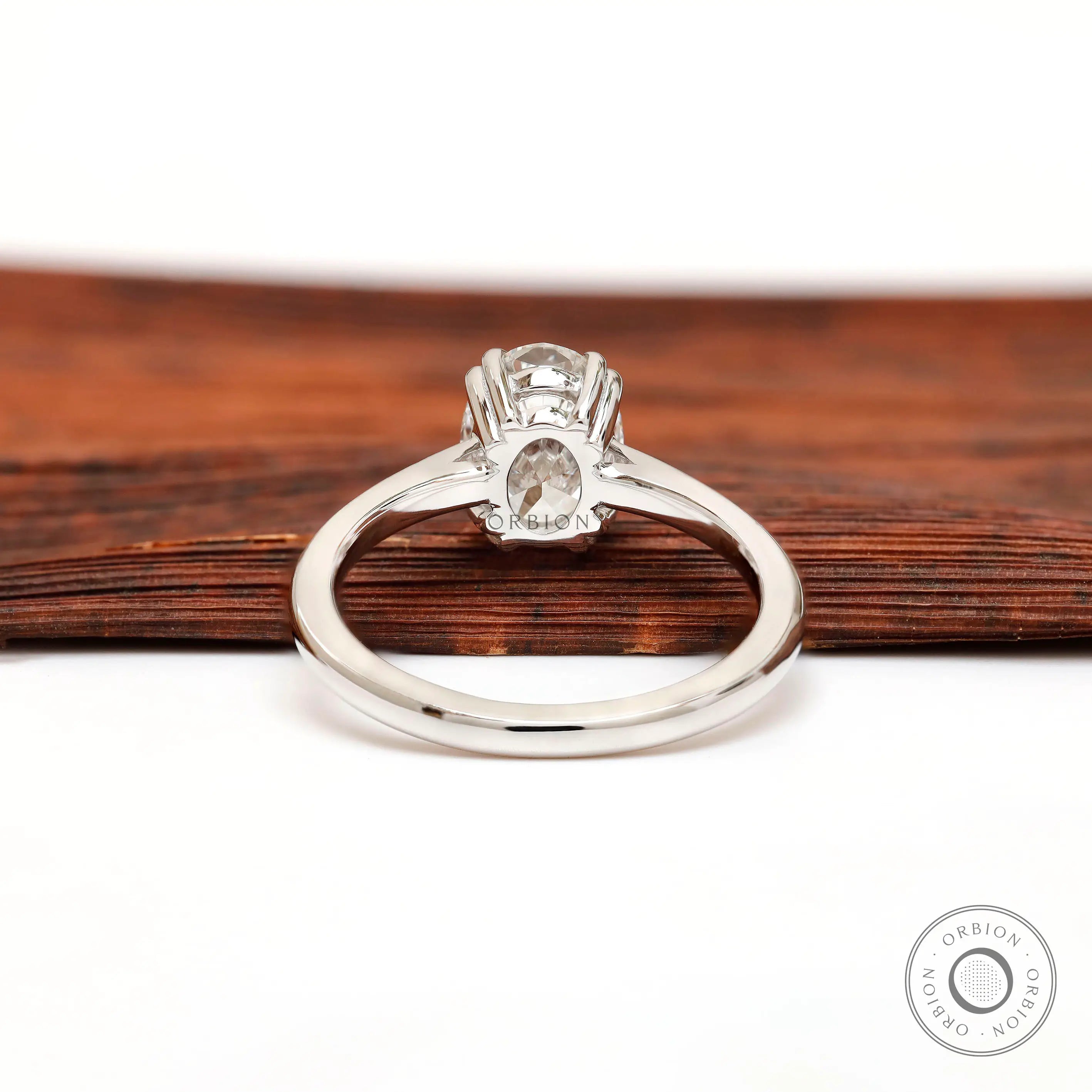 Close-up of oval lab grown diamond solitaire setting
