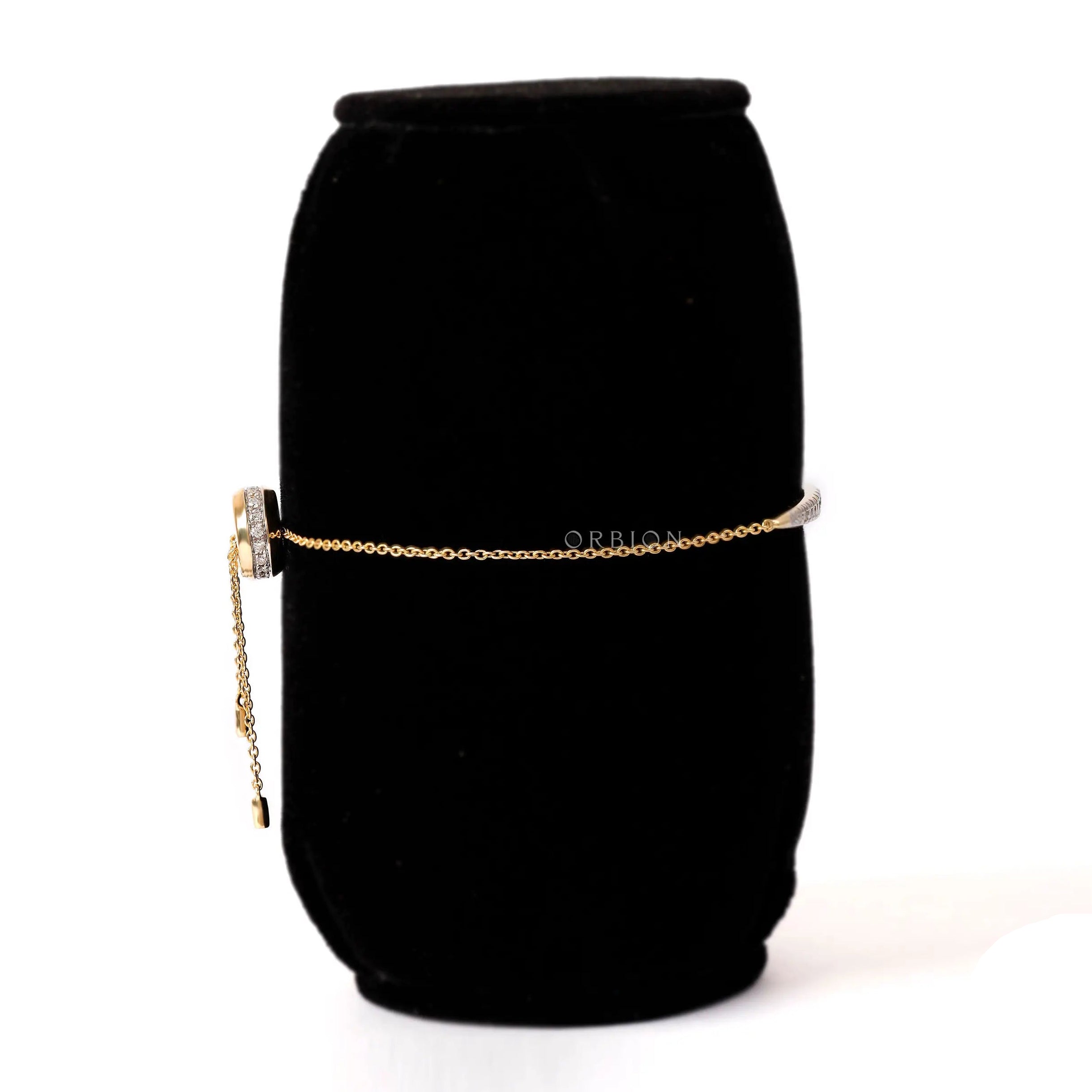 Side profile of adjustable diamond bolo bracelet with sliding clasp