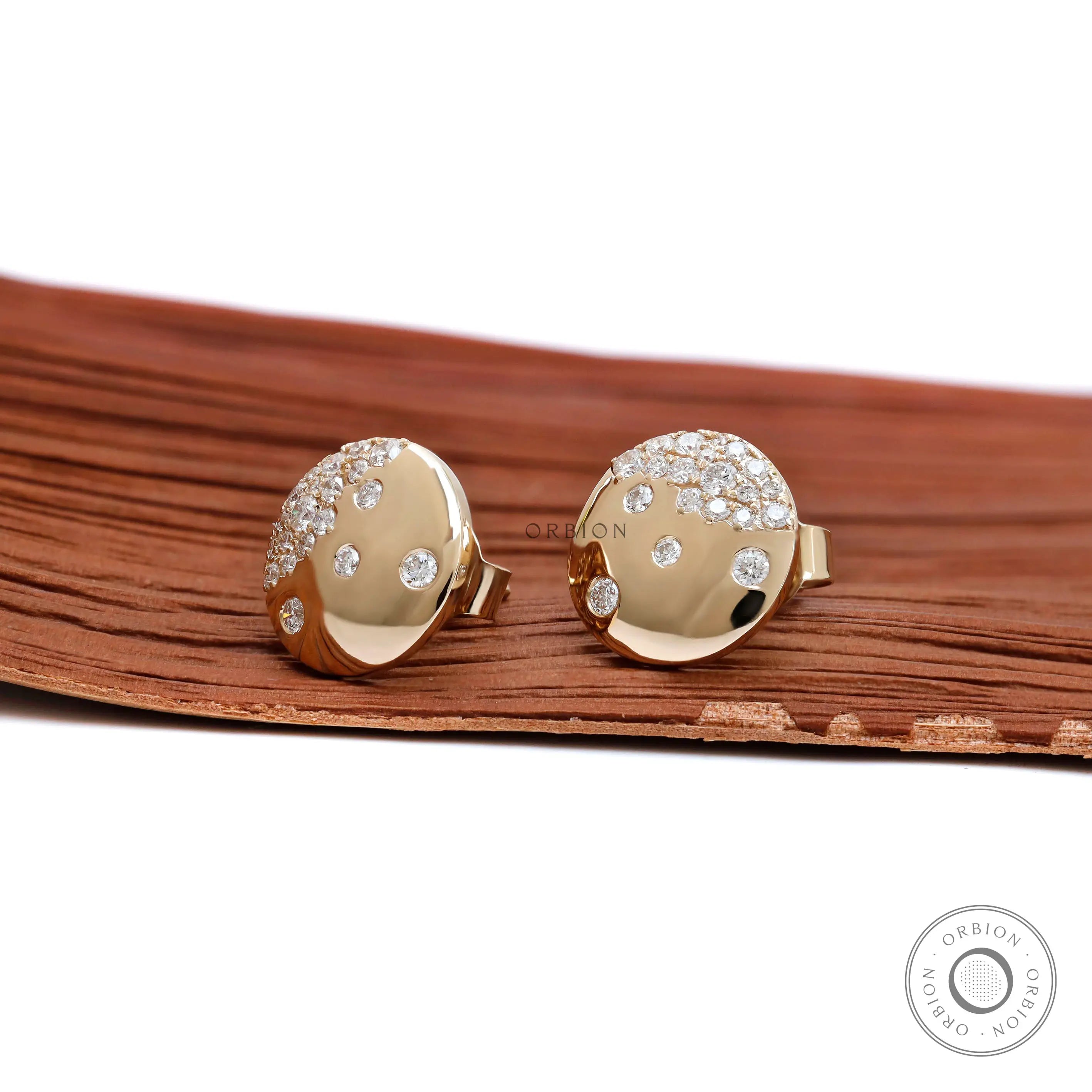 Snowfall inspired flush set diamond stud earrings yellow gold