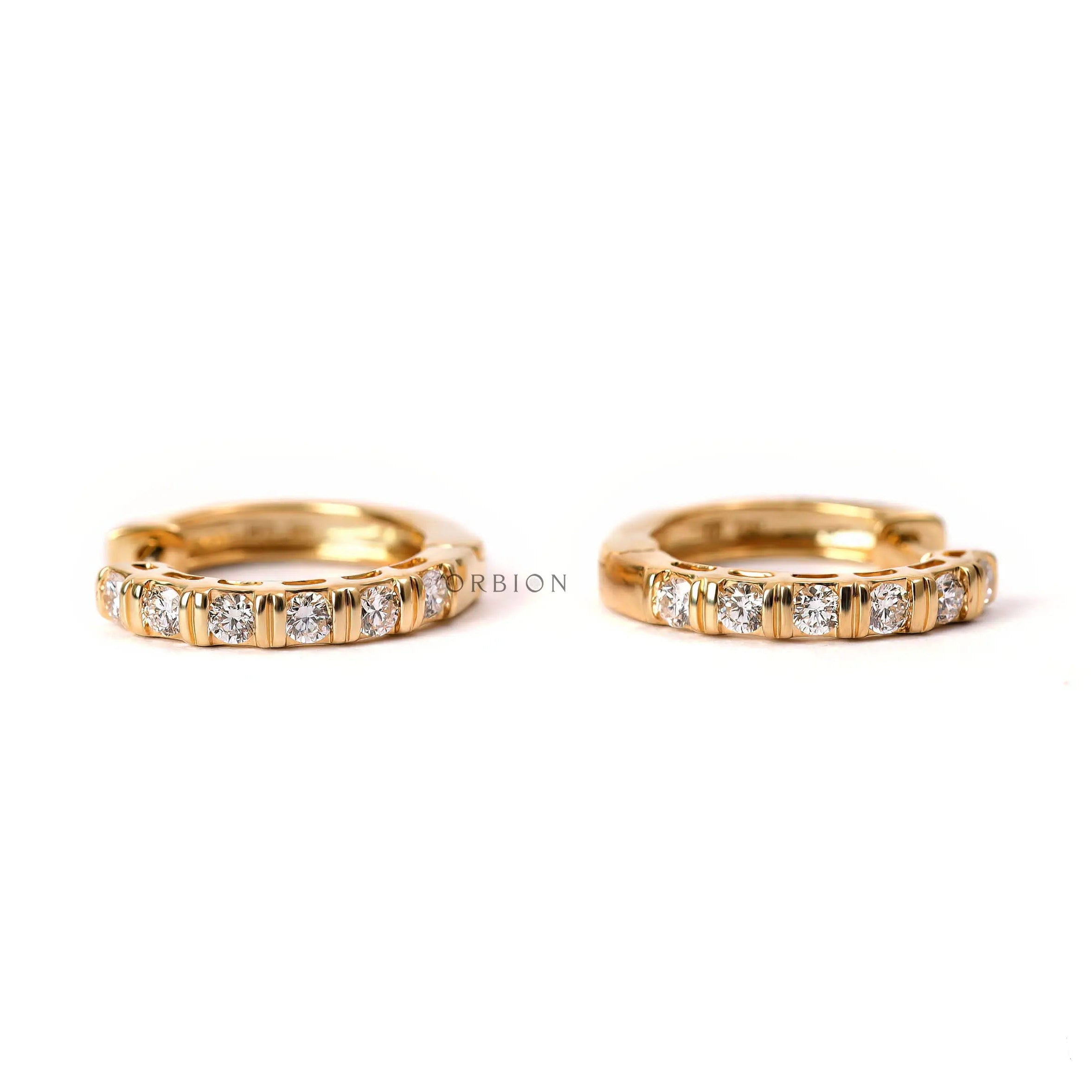 2 mm round lab diamond bar set huggie hoop earrings in 10k yellow gold