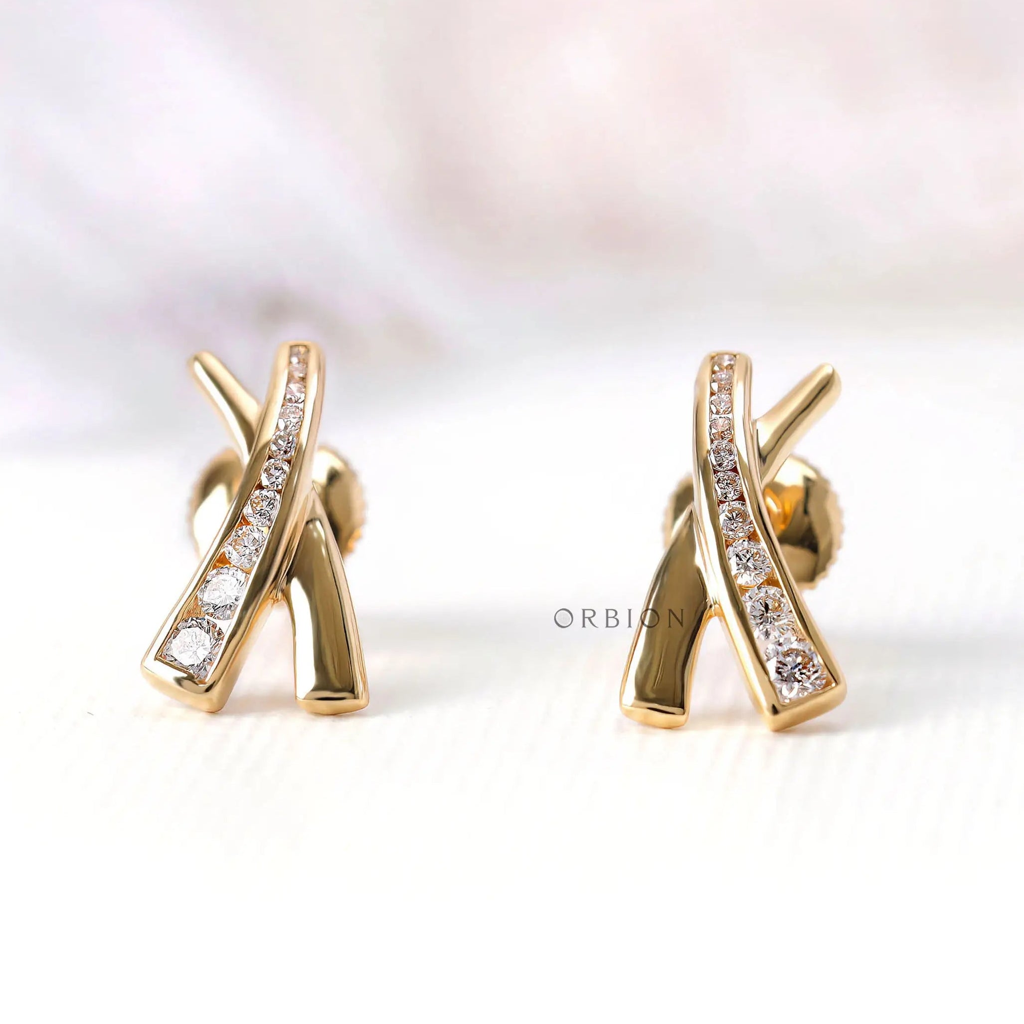 Lab diamond stud earrings geometric X design glossy finish
