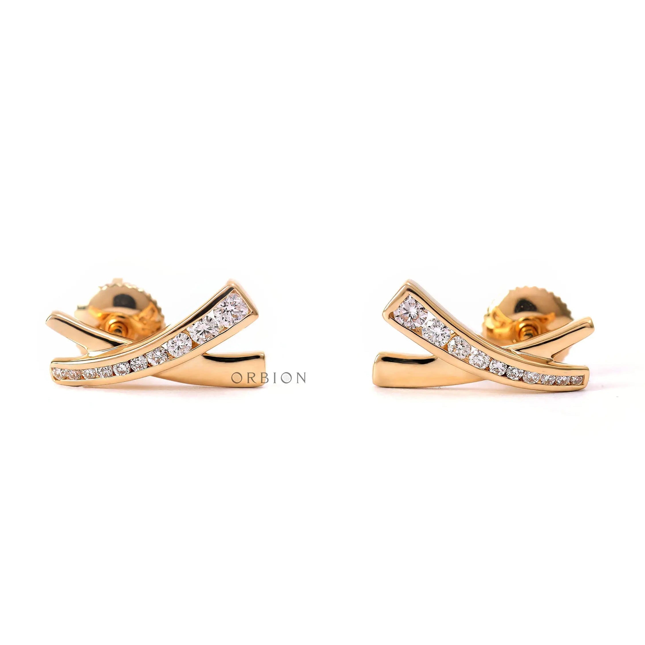X shape channel set lab diamond stud earrings in 14k yellow gold front view