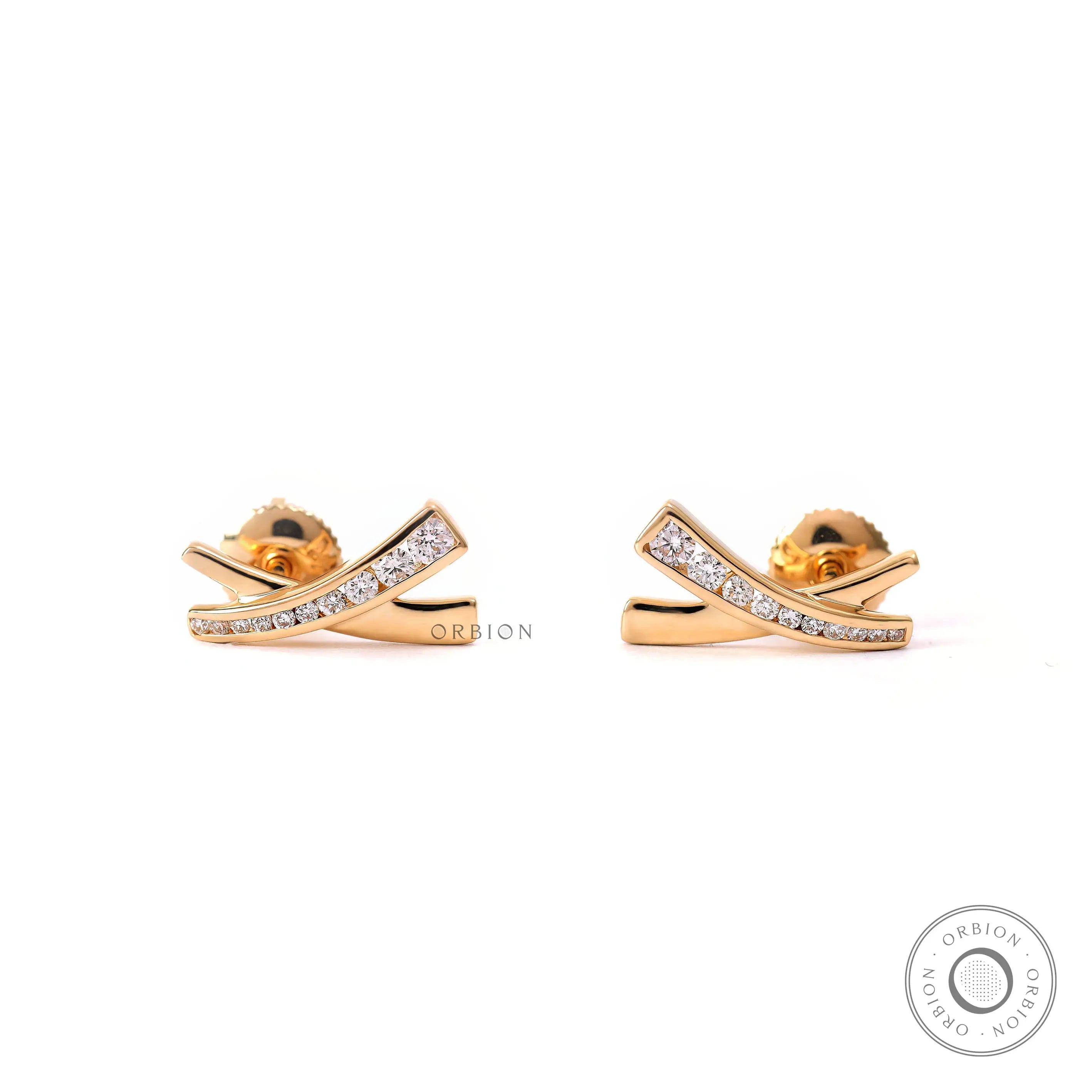 X shape channel set lab diamond stud earrings in 14k yellow gold front view