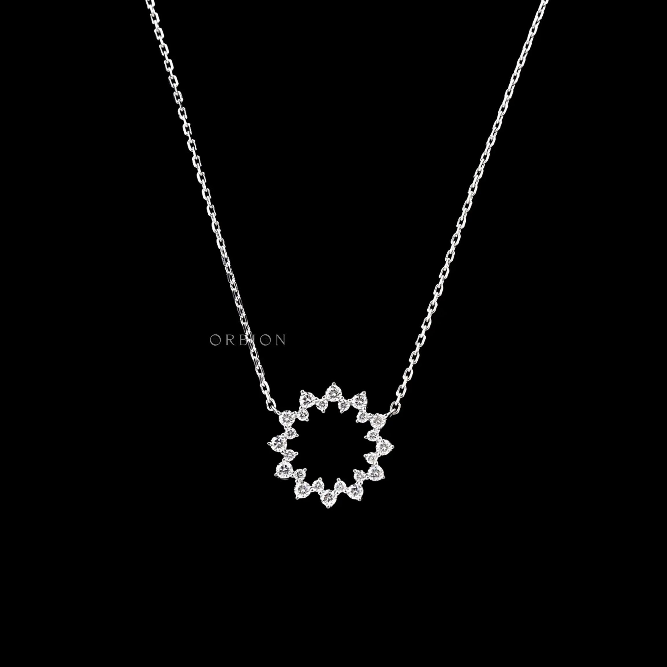 Lab diamond circle necklace in 14K white gold on black background