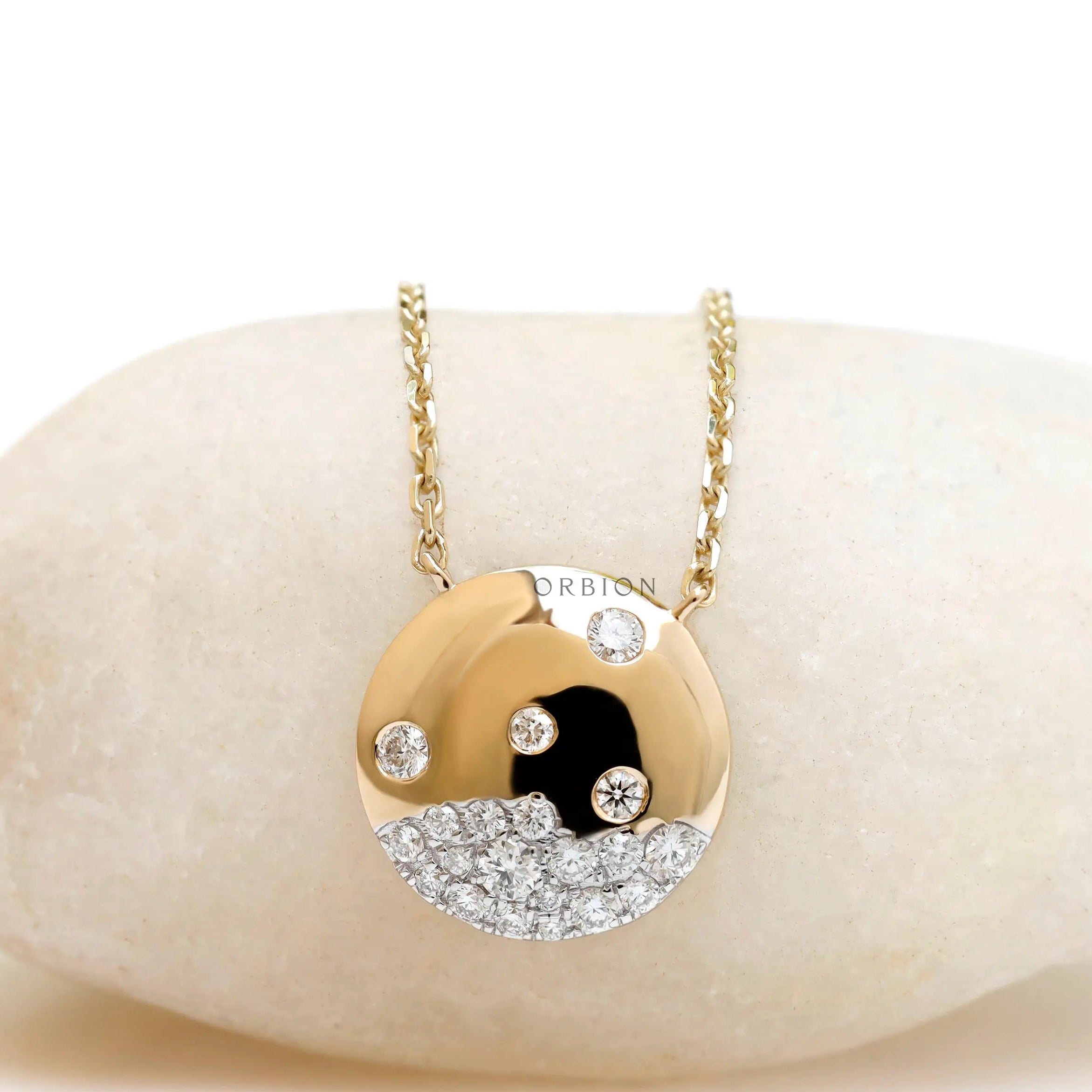 Flush set lab diamond circle pendant necklace in 14K yellow gold