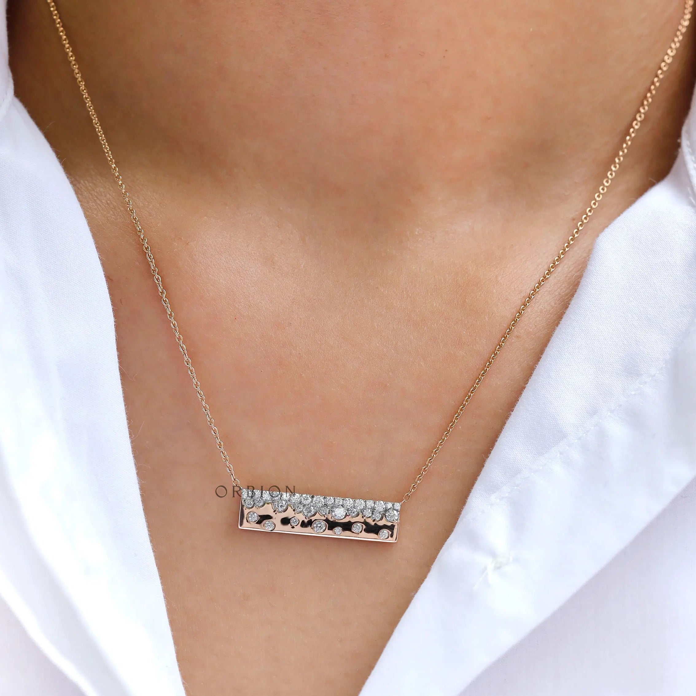 Confetti bar necklace with flush-set diamonds on rose gold chain