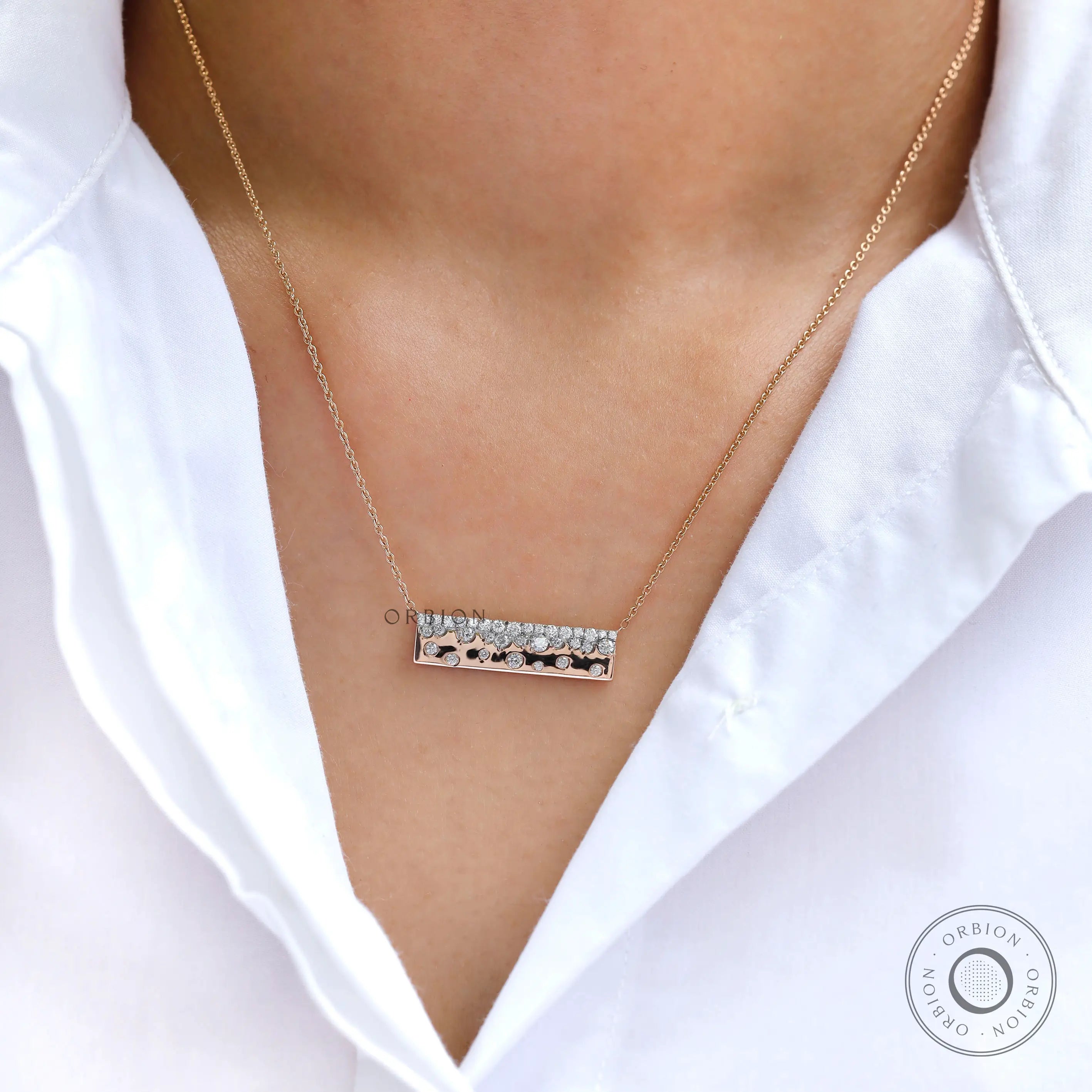 Confetti bar necklace with flush-set diamonds on rose gold chain