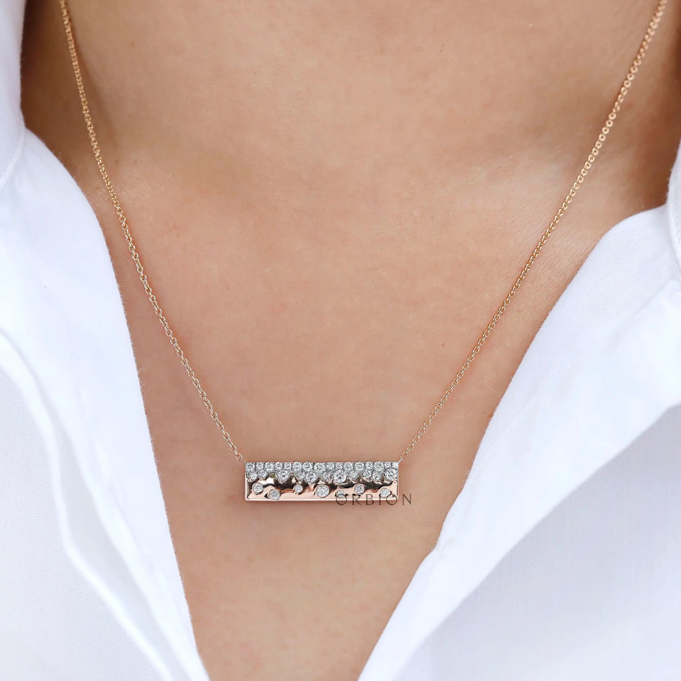 Scattered lab diamond confetti bar necklace 10k rose gold