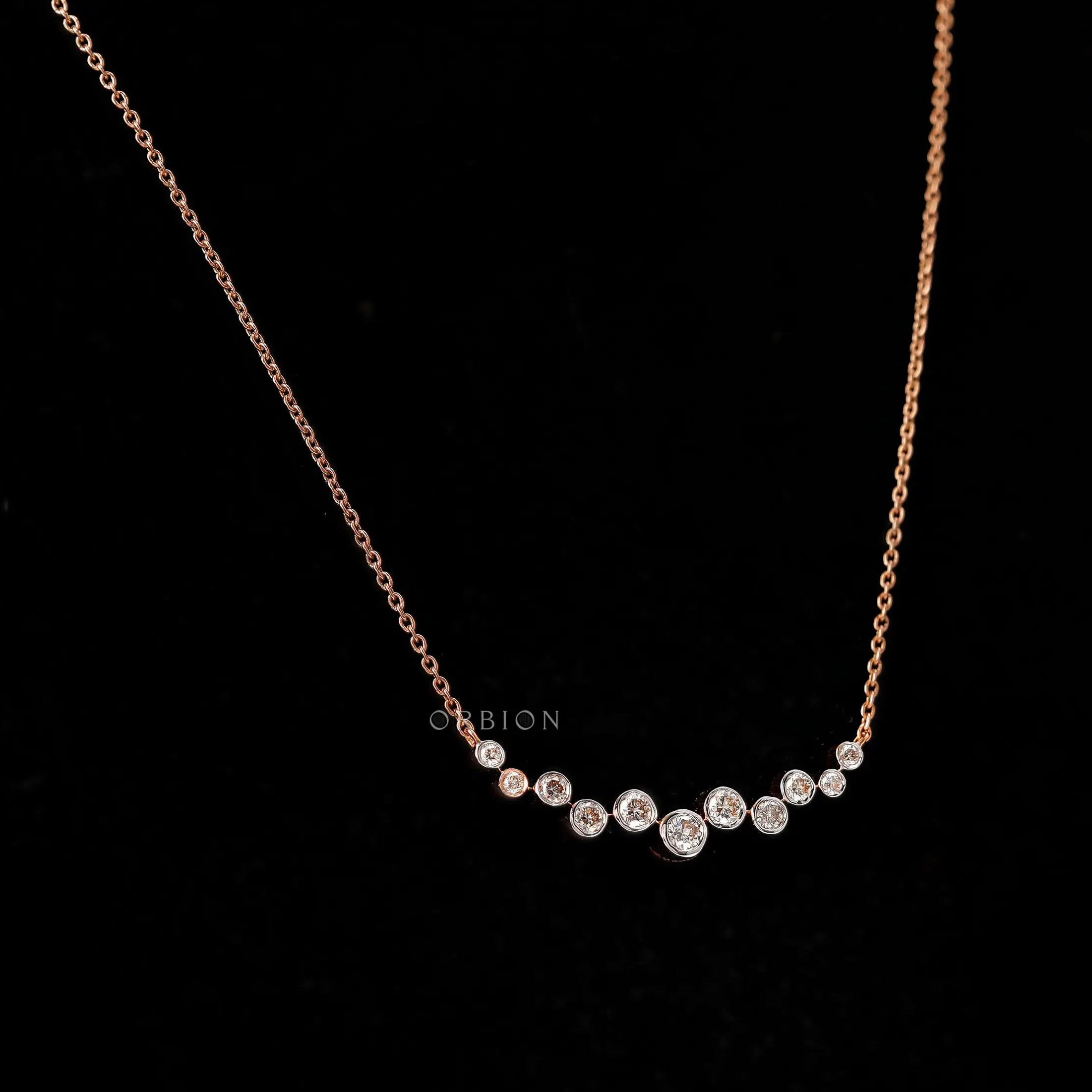 Close-up of Lab Grown Diamond Bezel Curved Necklace with Cluster Bubble Pendant