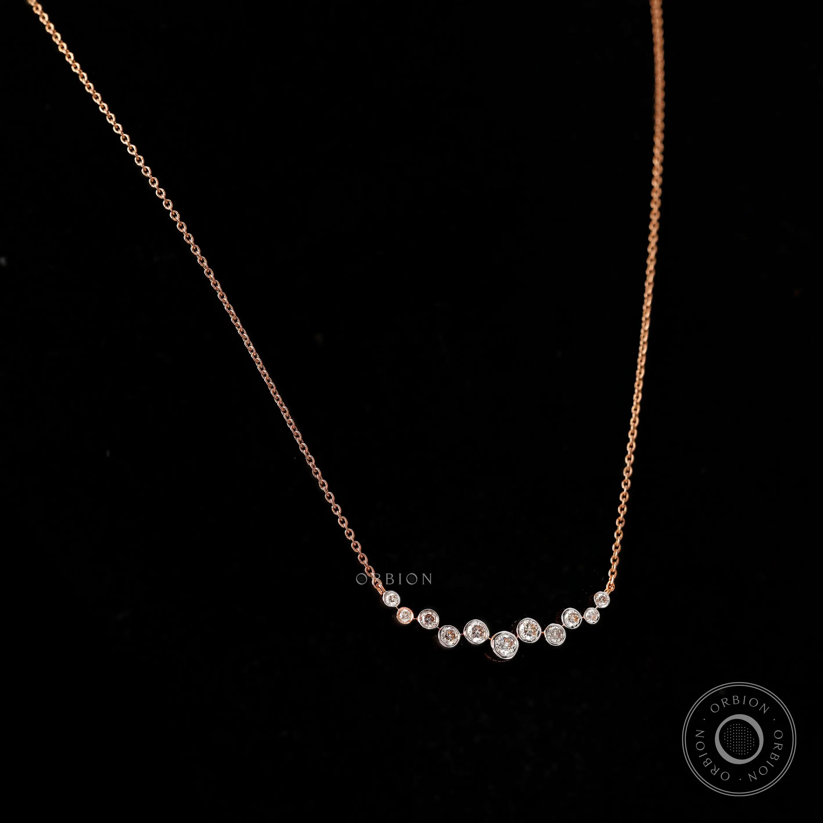 Close-up of Lab Grown Diamond Bezel Curved Necklace with Cluster Bubble Pendant