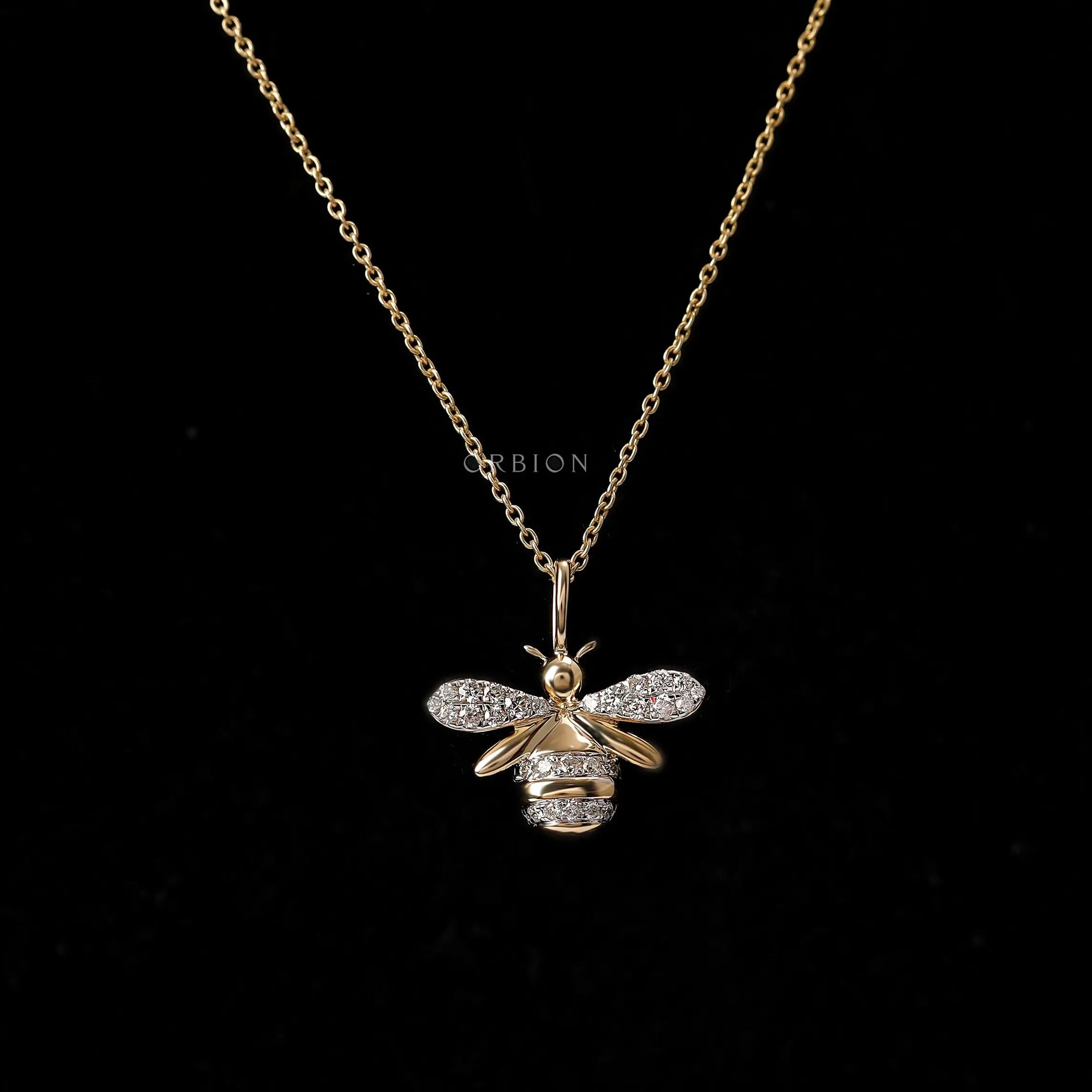 Honey bee pendant necklace in 10K yellow gold with pave set lab diamonds