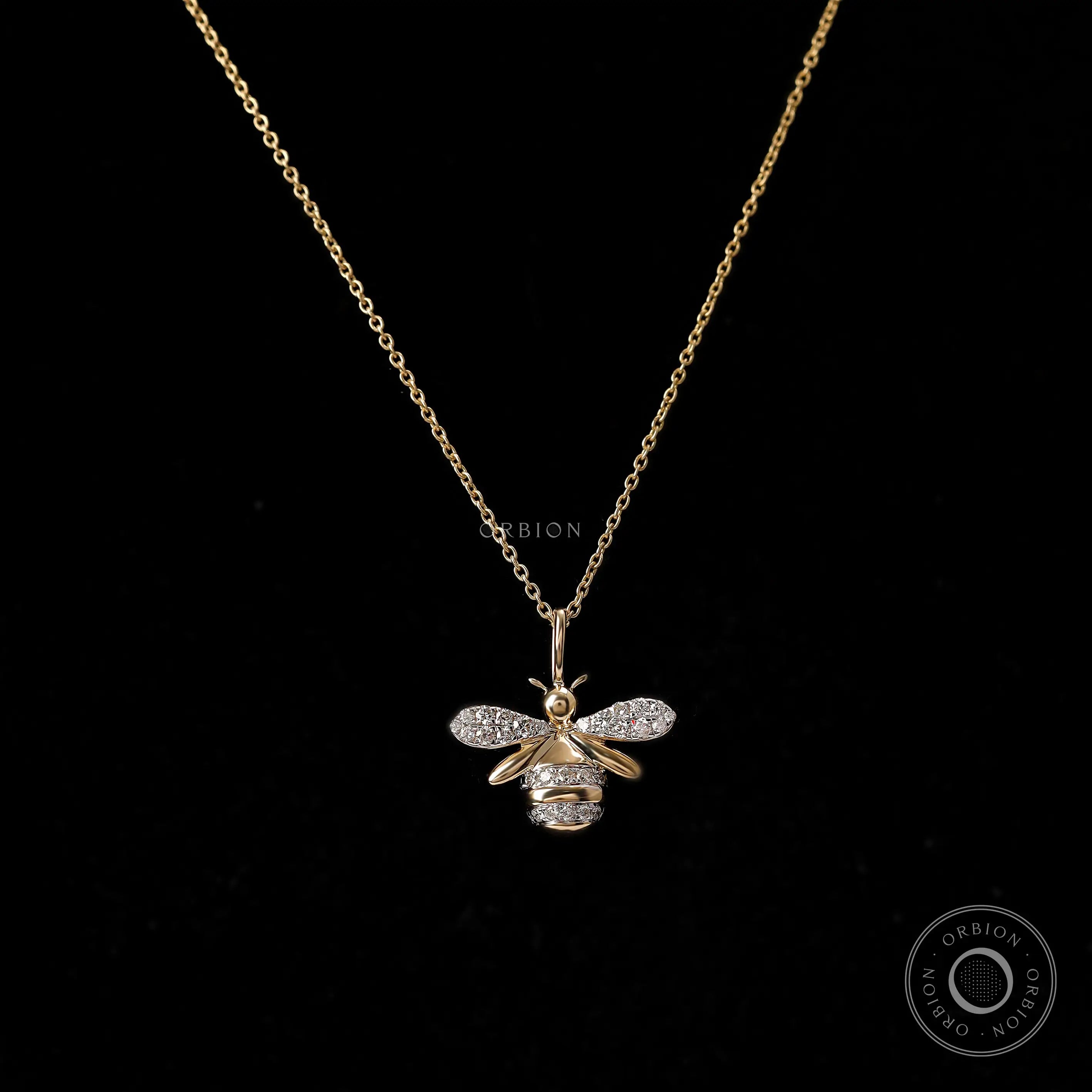 Honey bee pendant necklace in 10K yellow gold with pave set lab diamonds