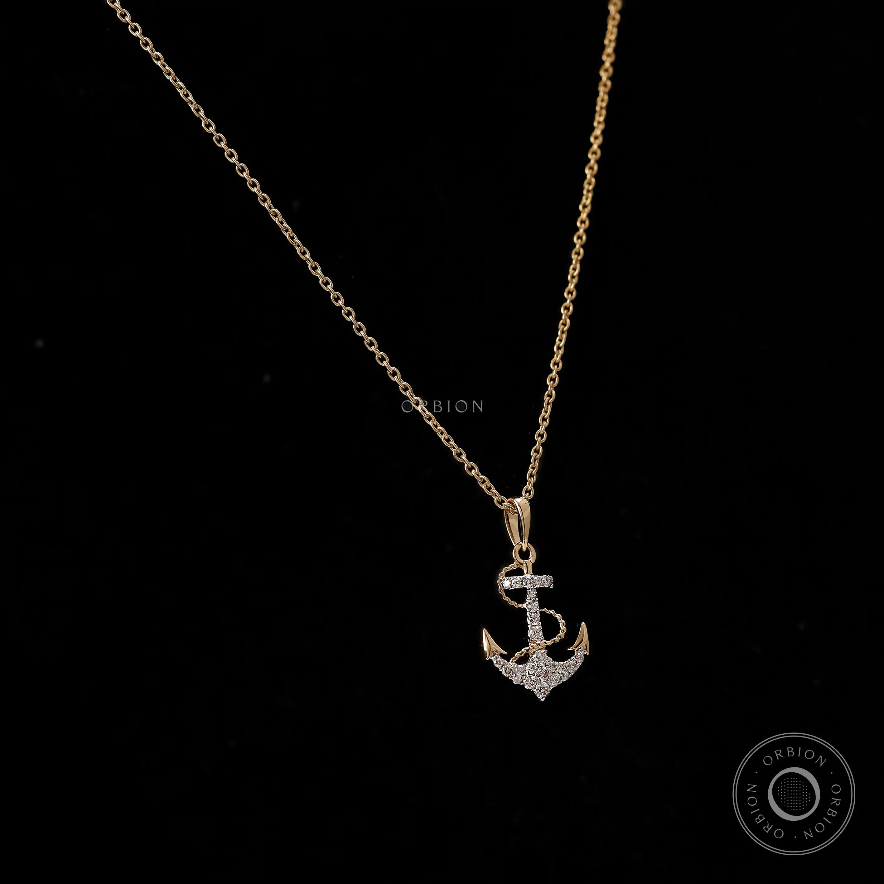 Sea anchor boaters necklace in 10K yellow gold with lab diamonds