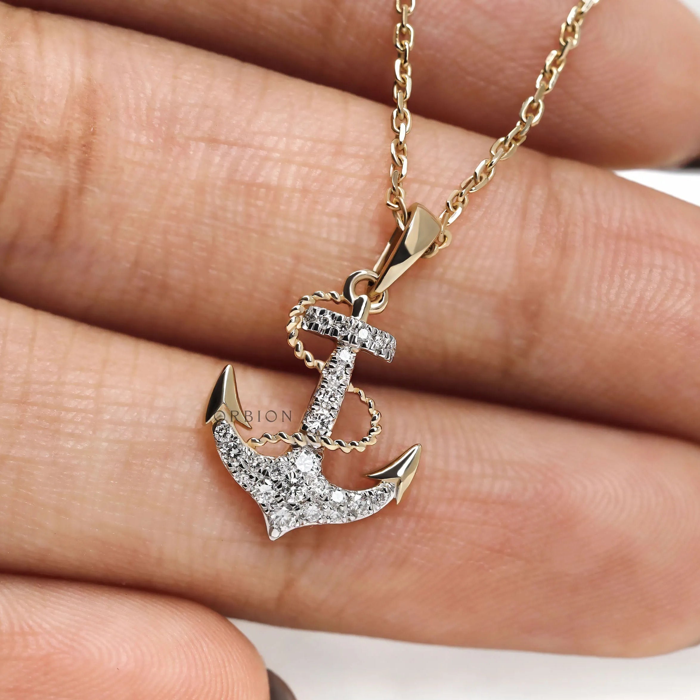 Sea-themed anchor and rope pendant necklace in 14k/10k/18k yellow gold with diamonds