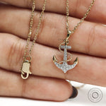 Lab diamond accented nautical anchor pendant necklace in yellow gold for boat lovers