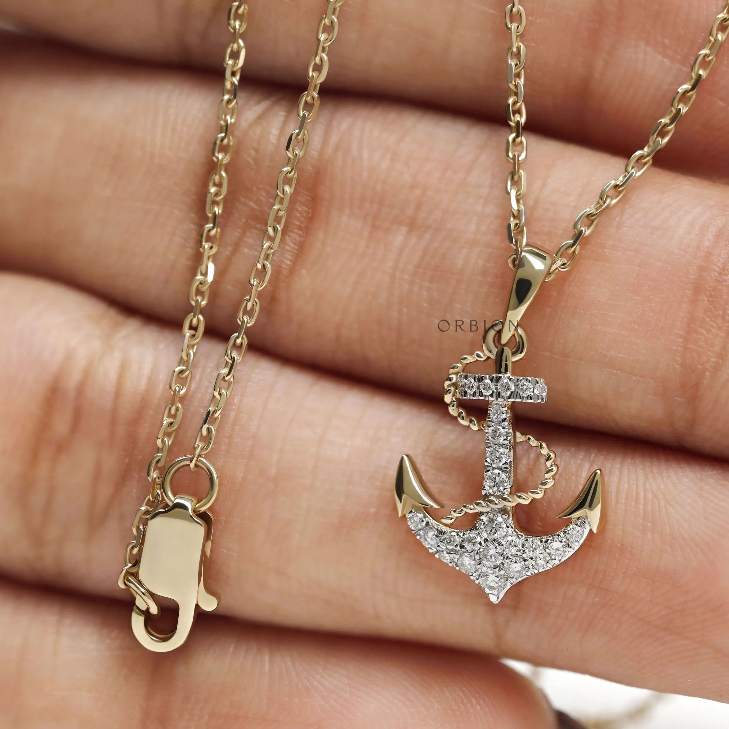 Lab diamond accented nautical anchor pendant necklace in yellow gold for boat lovers