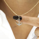 Dainty yellow gold anchor pendant necklace with rope motif and lab diamonds