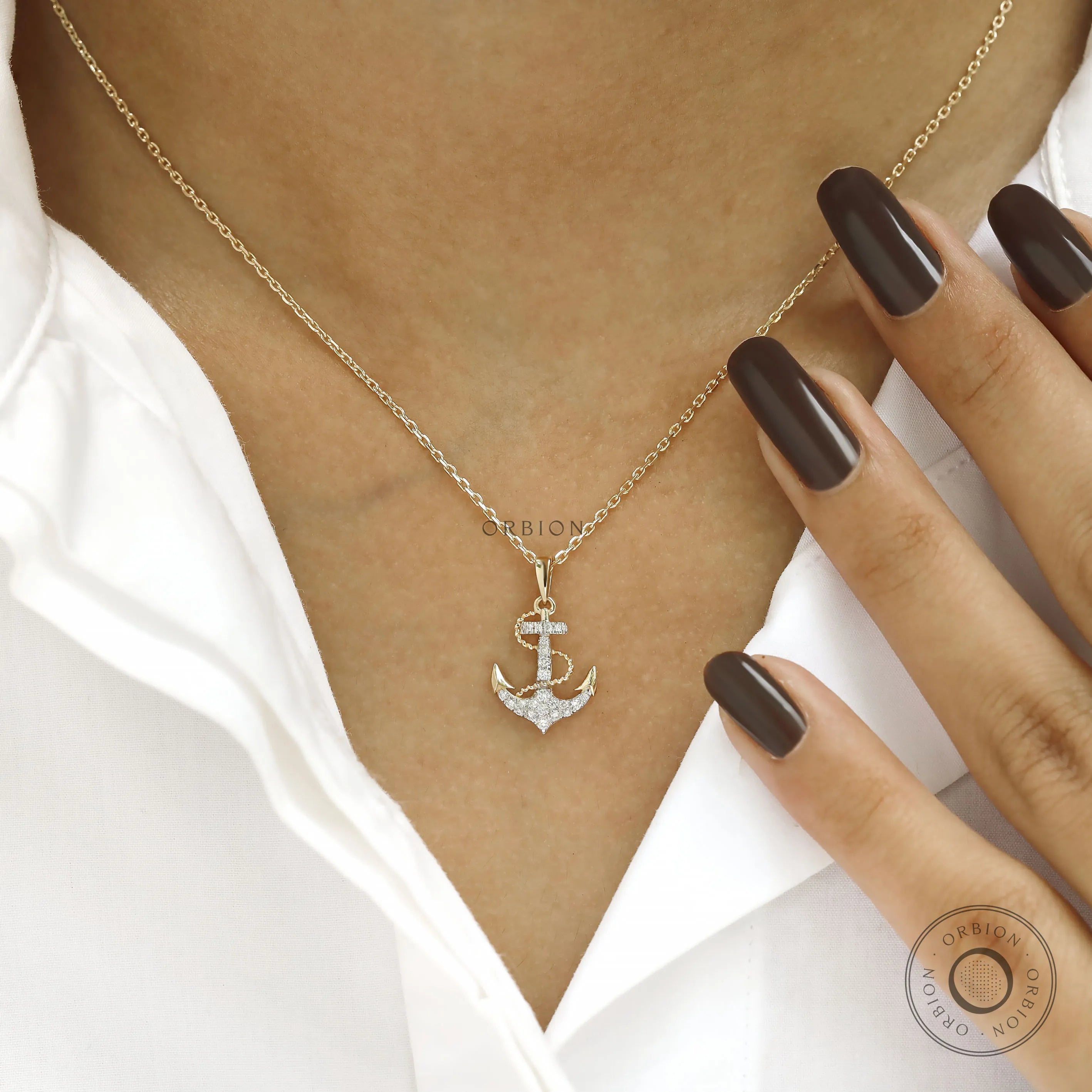 Boater jewelry: yellow gold anchor and rope necklace with sparkling lab diamonds