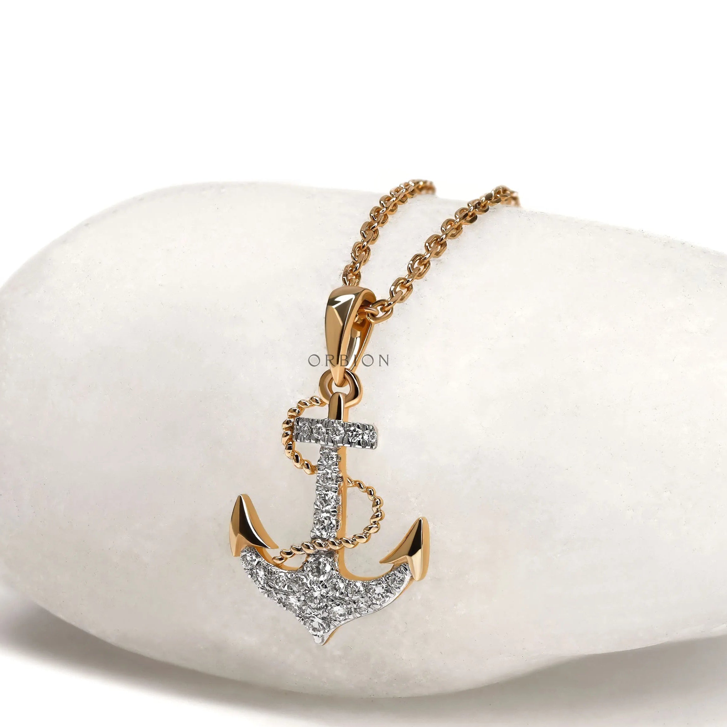 Boaters inspired anchor and rope pendant necklace in yellow gold with sparkling lab diamonds