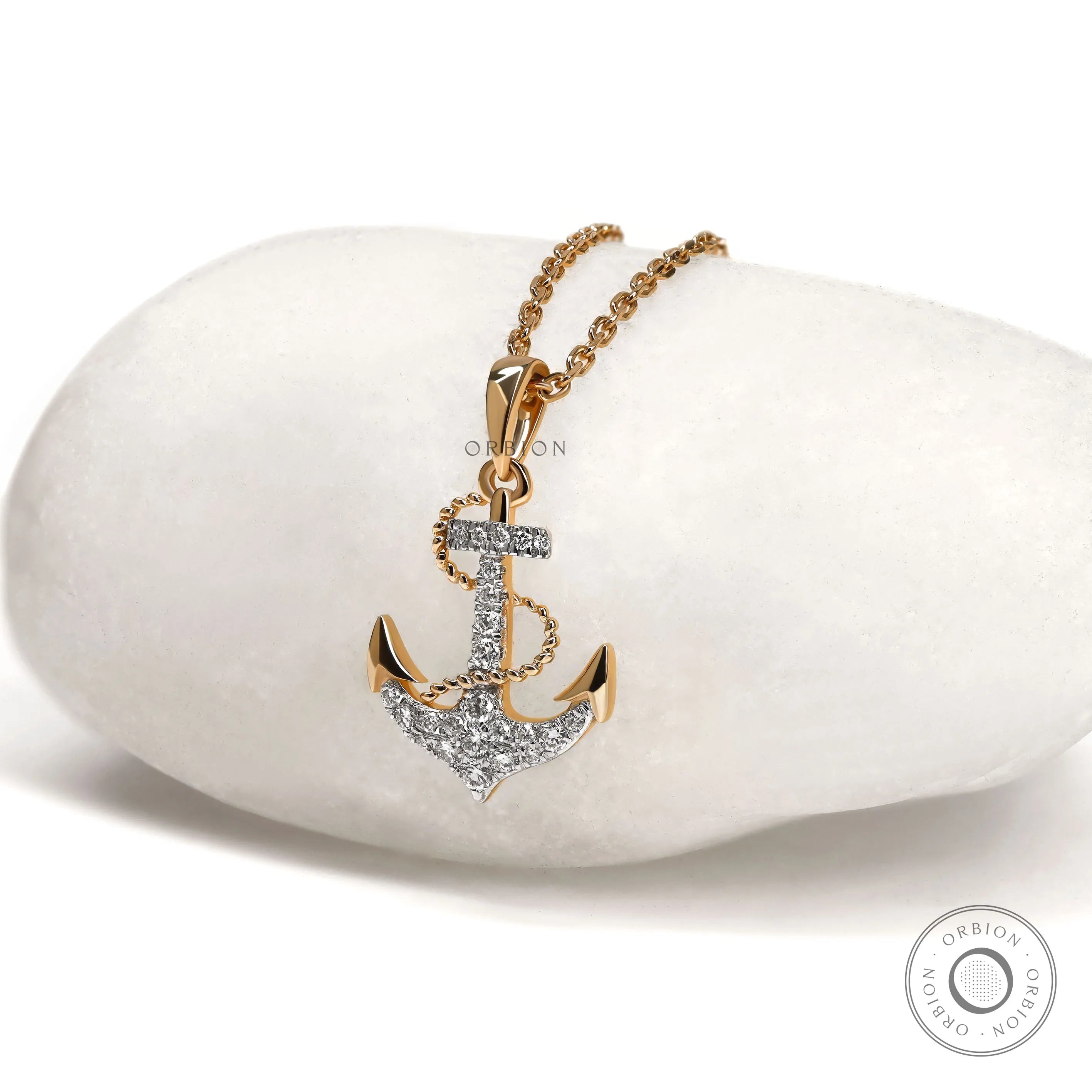 Boaters inspired anchor and rope pendant necklace in yellow gold with sparkling lab diamonds