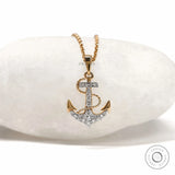 Yellow gold nautical anchor pendant necklace with rope design and lab diamonds