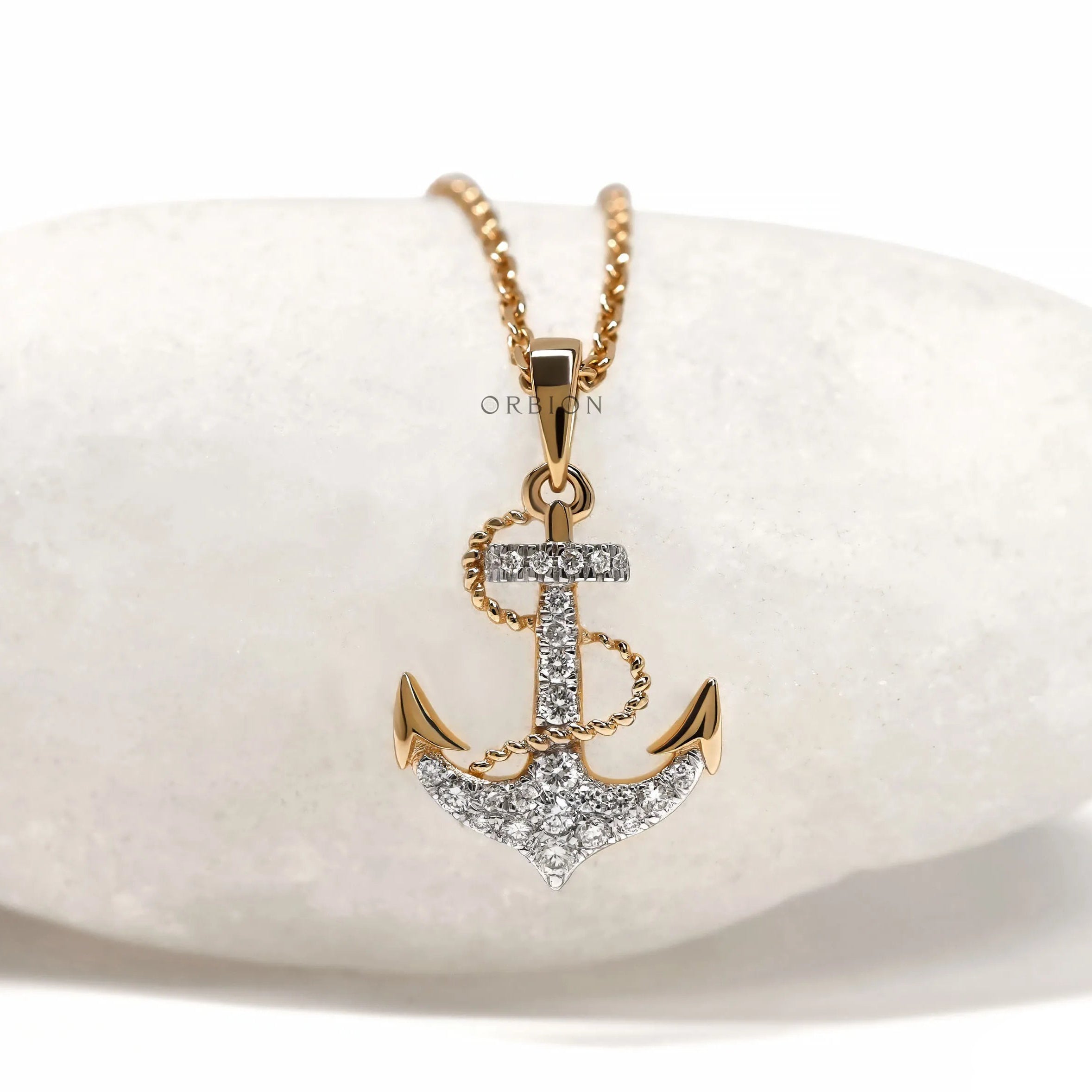 Yellow gold nautical anchor pendant necklace with rope design and lab diamonds