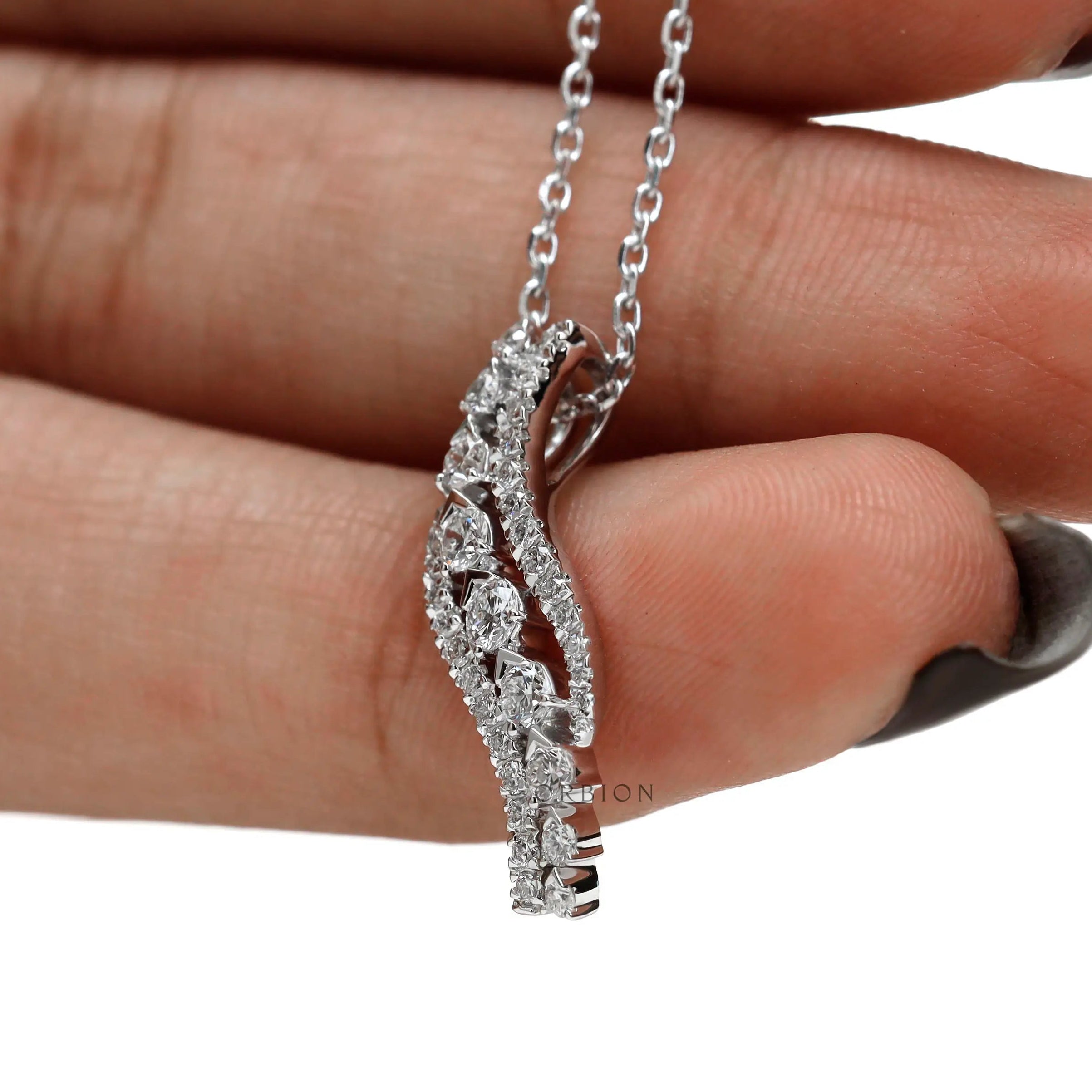 White gold diamond swirl drop pendant necklace