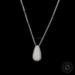 Close up of teardrop diamond pendant with pave setting