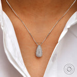 Pave lab diamond teardrop pendant necklace in white gold front view