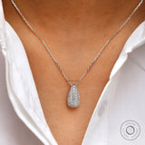 Pave lab diamond teardrop pendant necklace in white gold front view