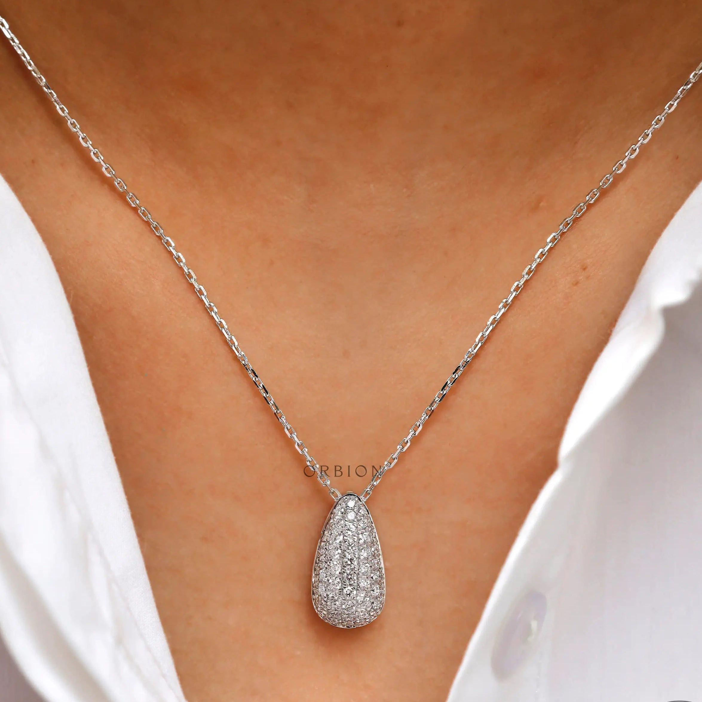 Pave lab diamond teardrop pendant necklace in white gold front view