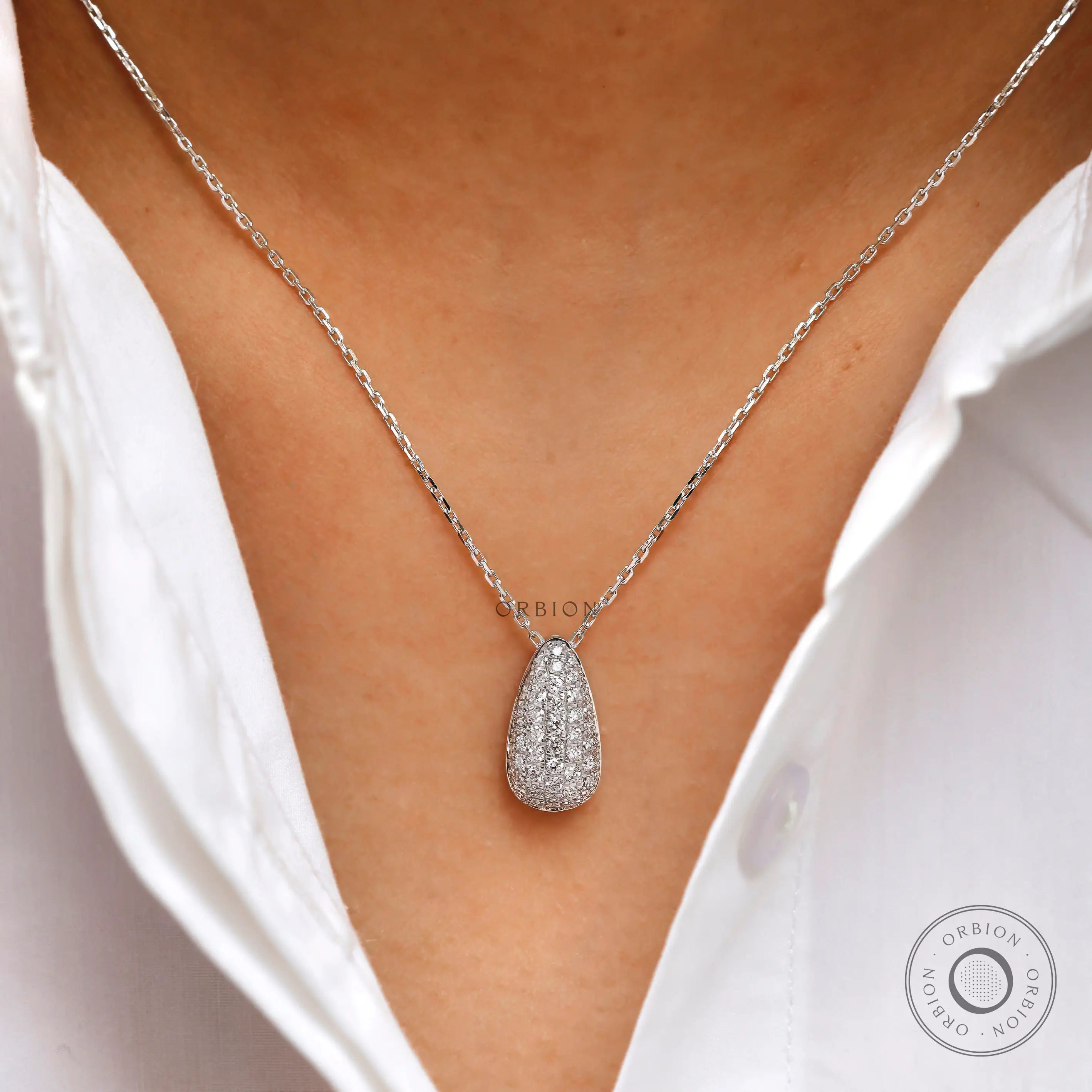 Pave lab diamond teardrop pendant necklace in white gold front view