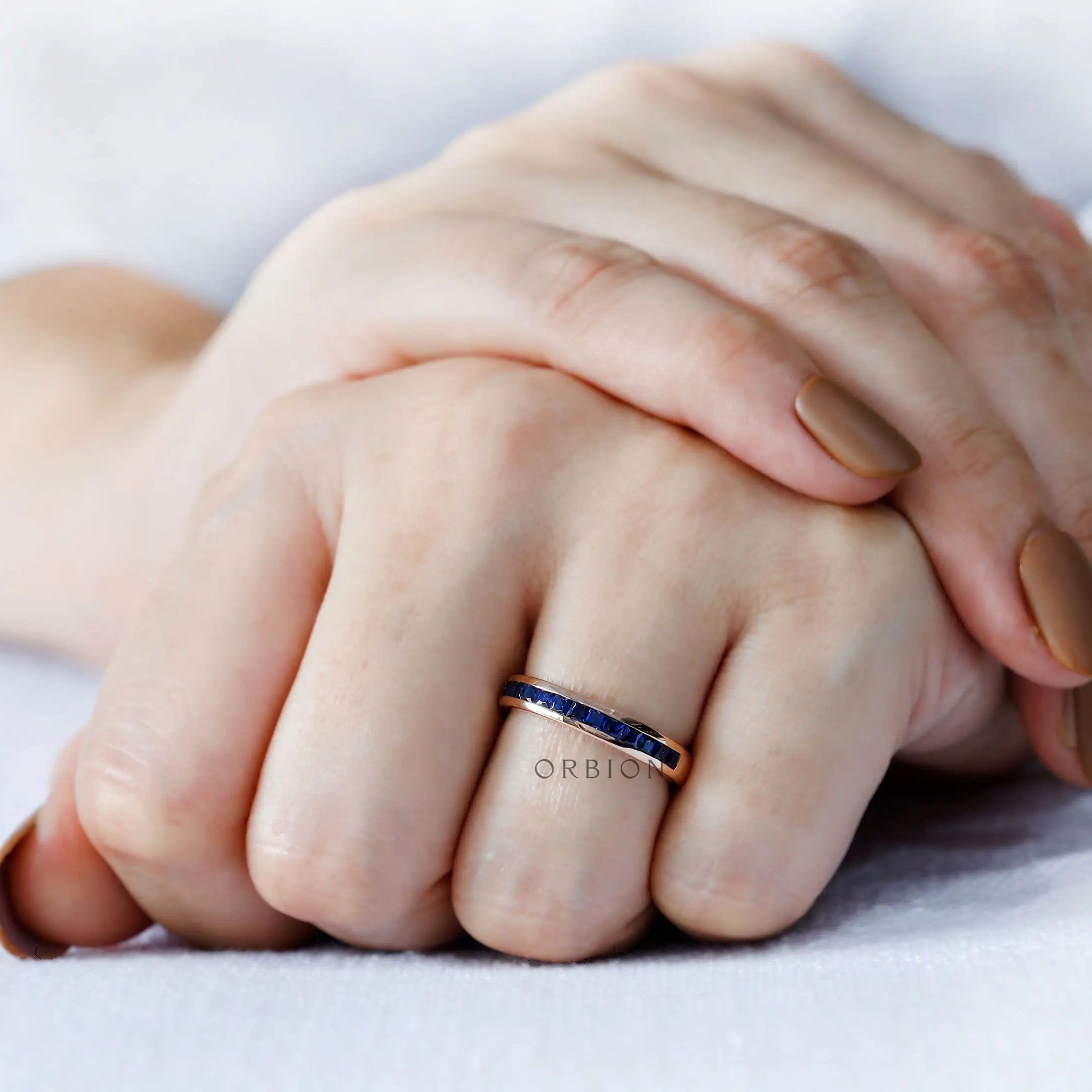 Modern princess sapphire wedding band rose gold
