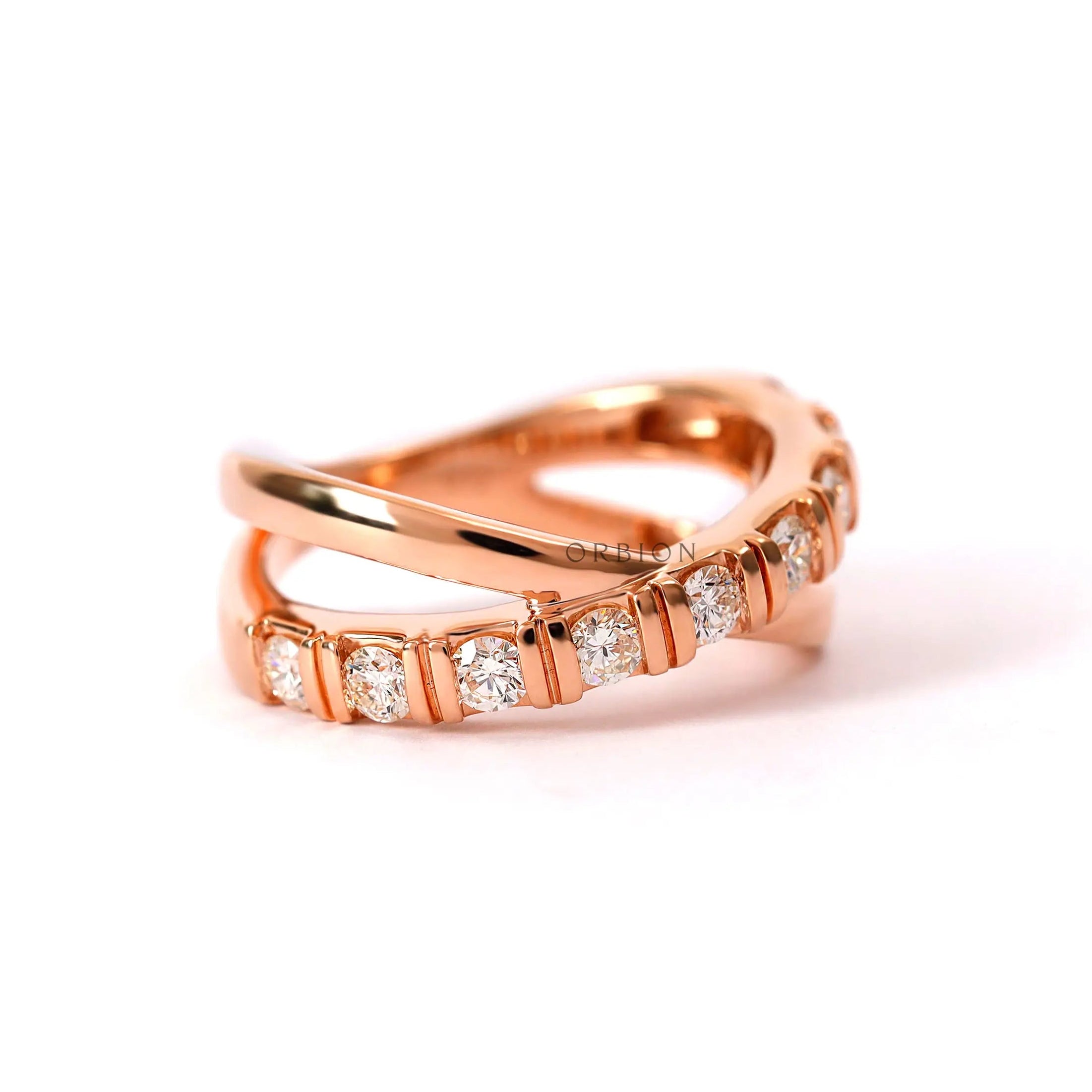 Bar set lab grown diamond criss cross statement ring in rose gold