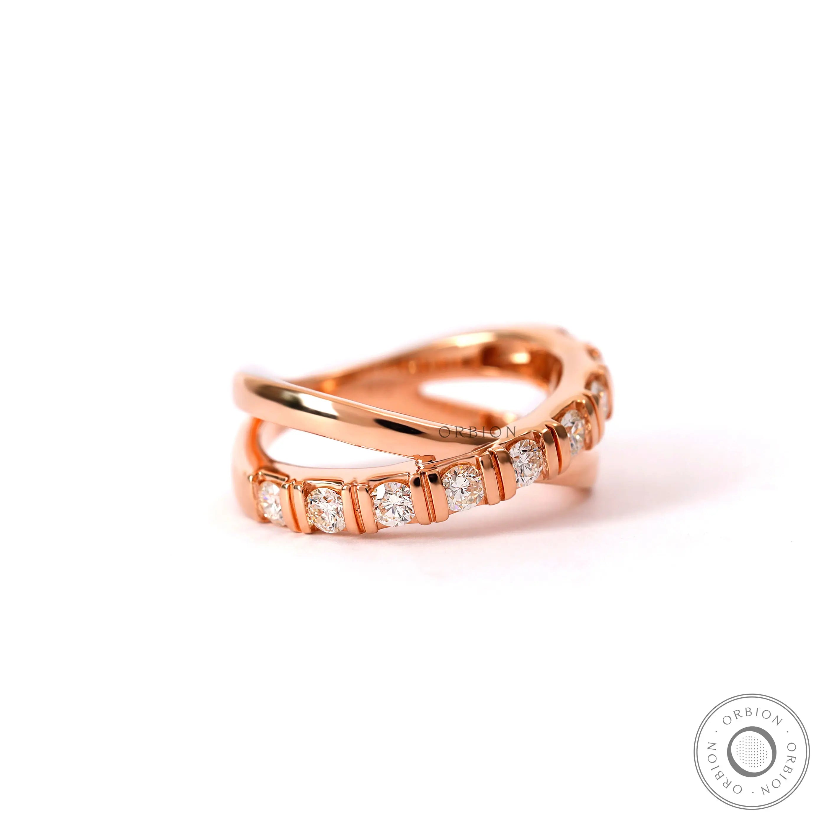 Bar set lab grown diamond criss cross statement ring in rose gold