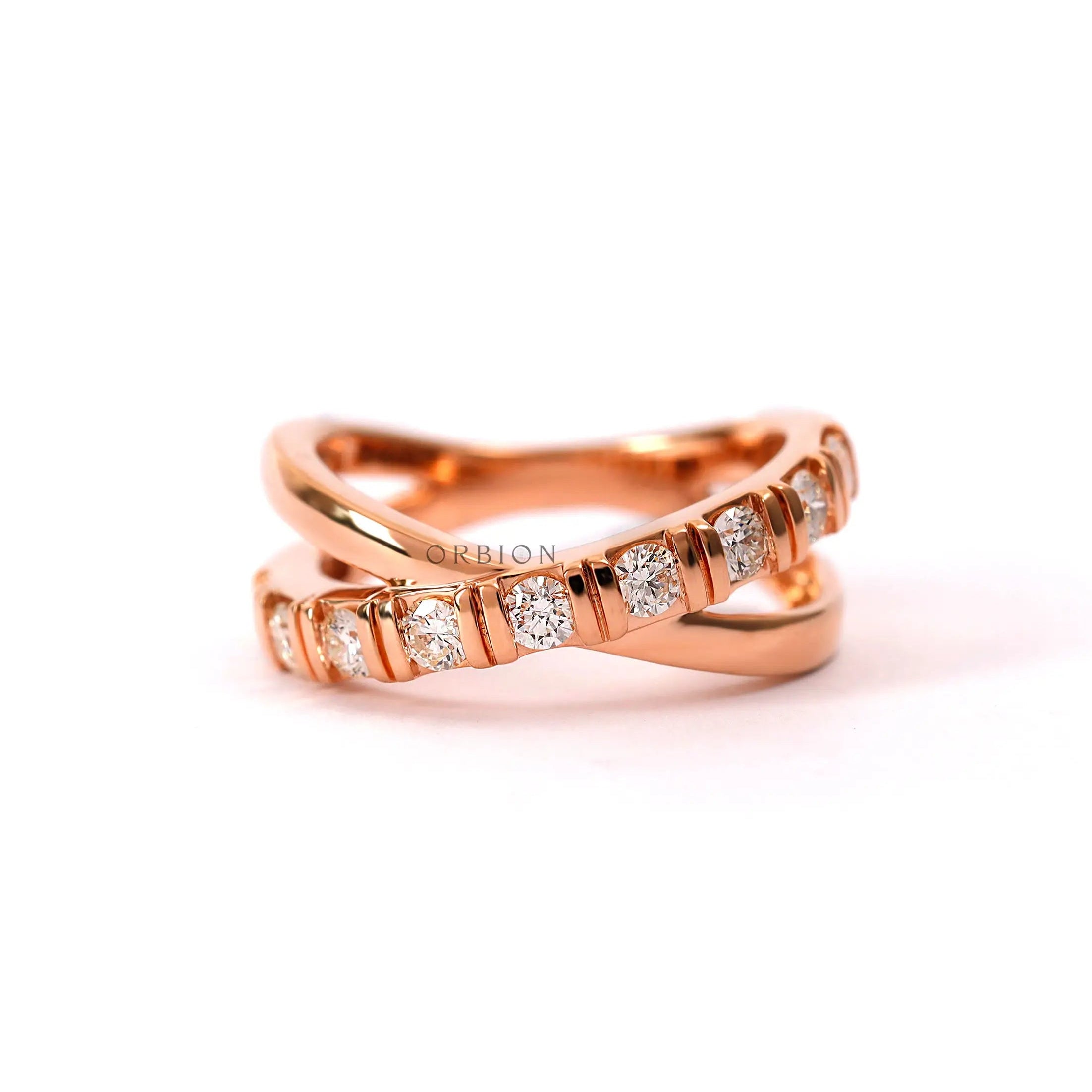 X shaped diamond crossover band ring in rose gold front view