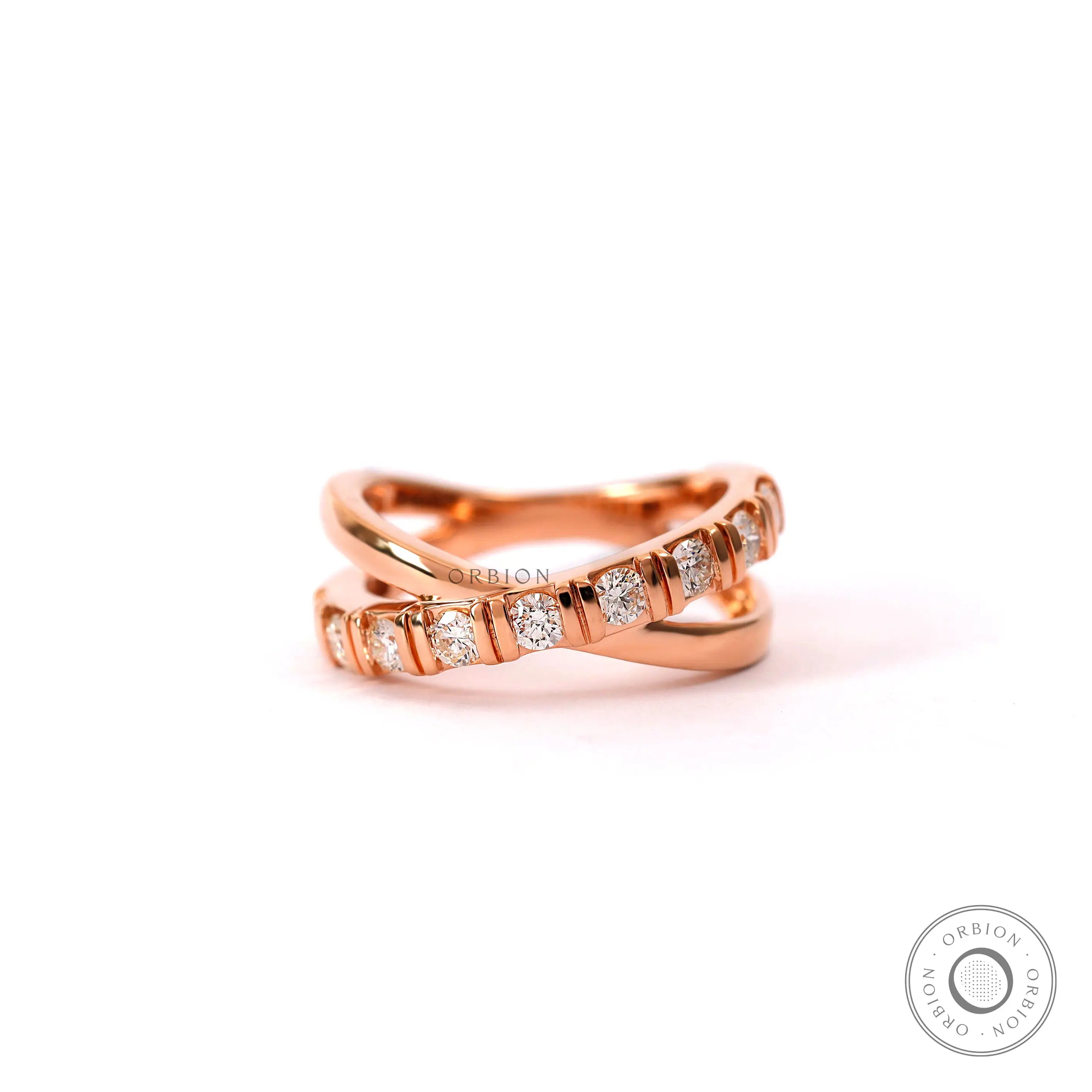 X shaped diamond crossover band ring in rose gold front view