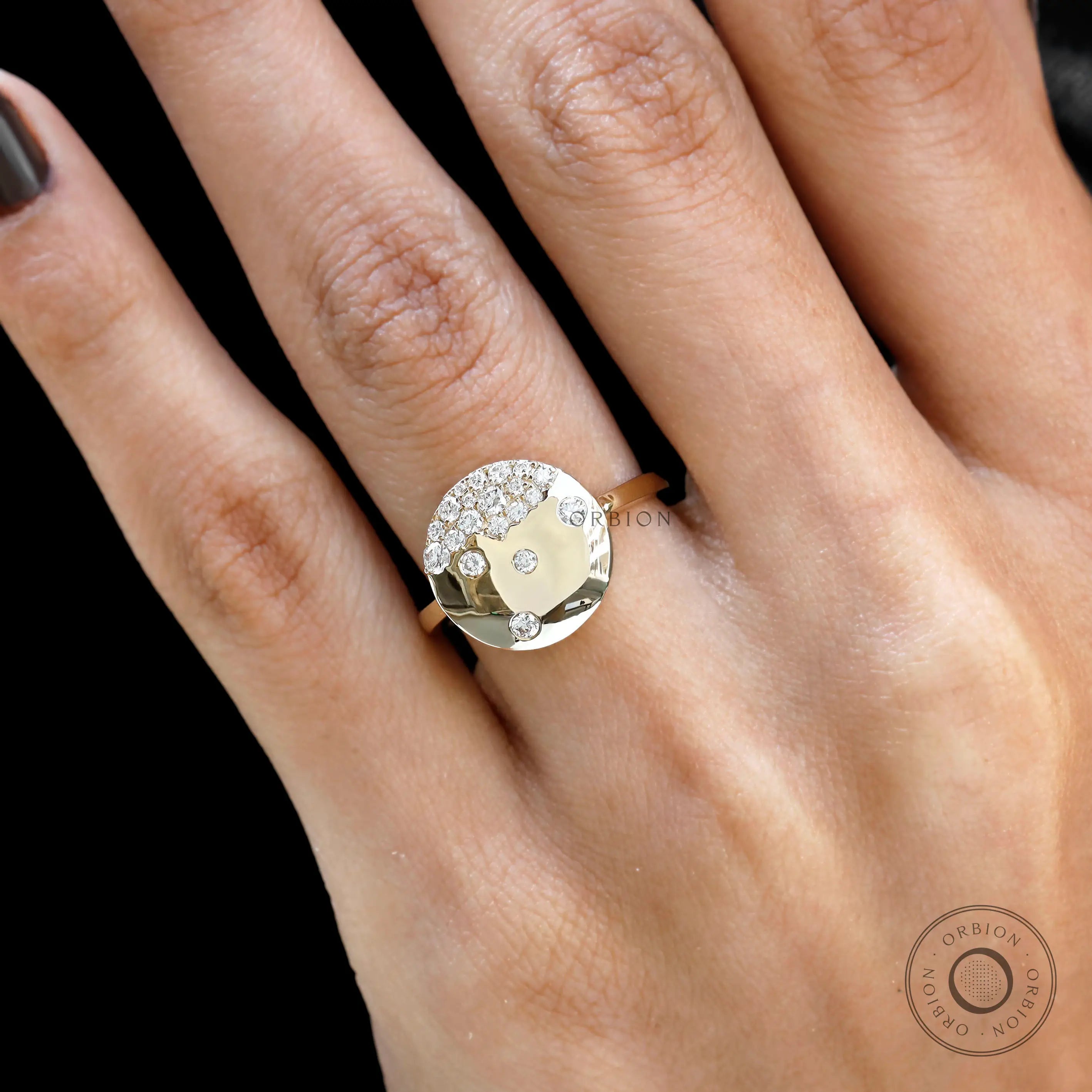 Scattered lab diamond flush set galaxy snowfall disc ring in 14k yellow gold
