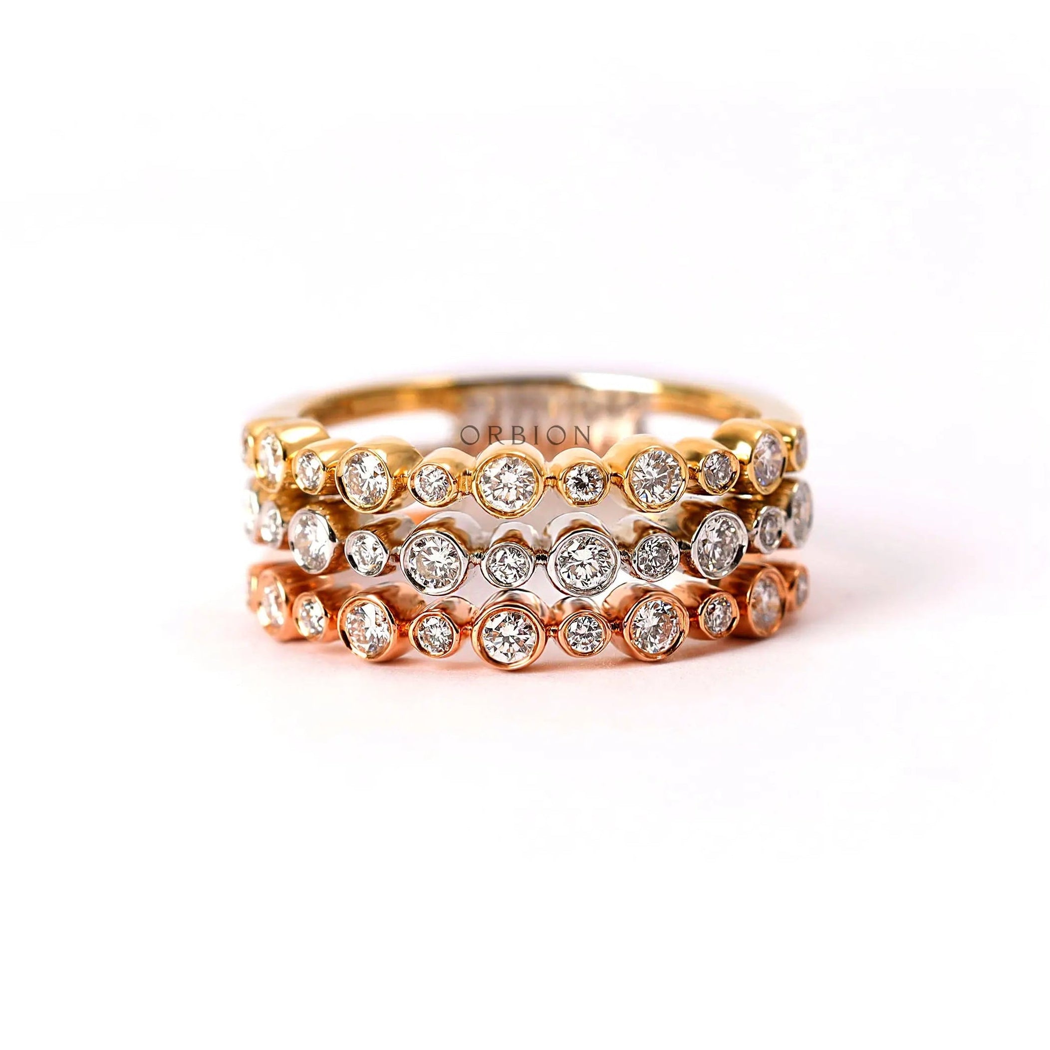 Tri color scalloped bezel diamond ring in 10k multitone gold front view